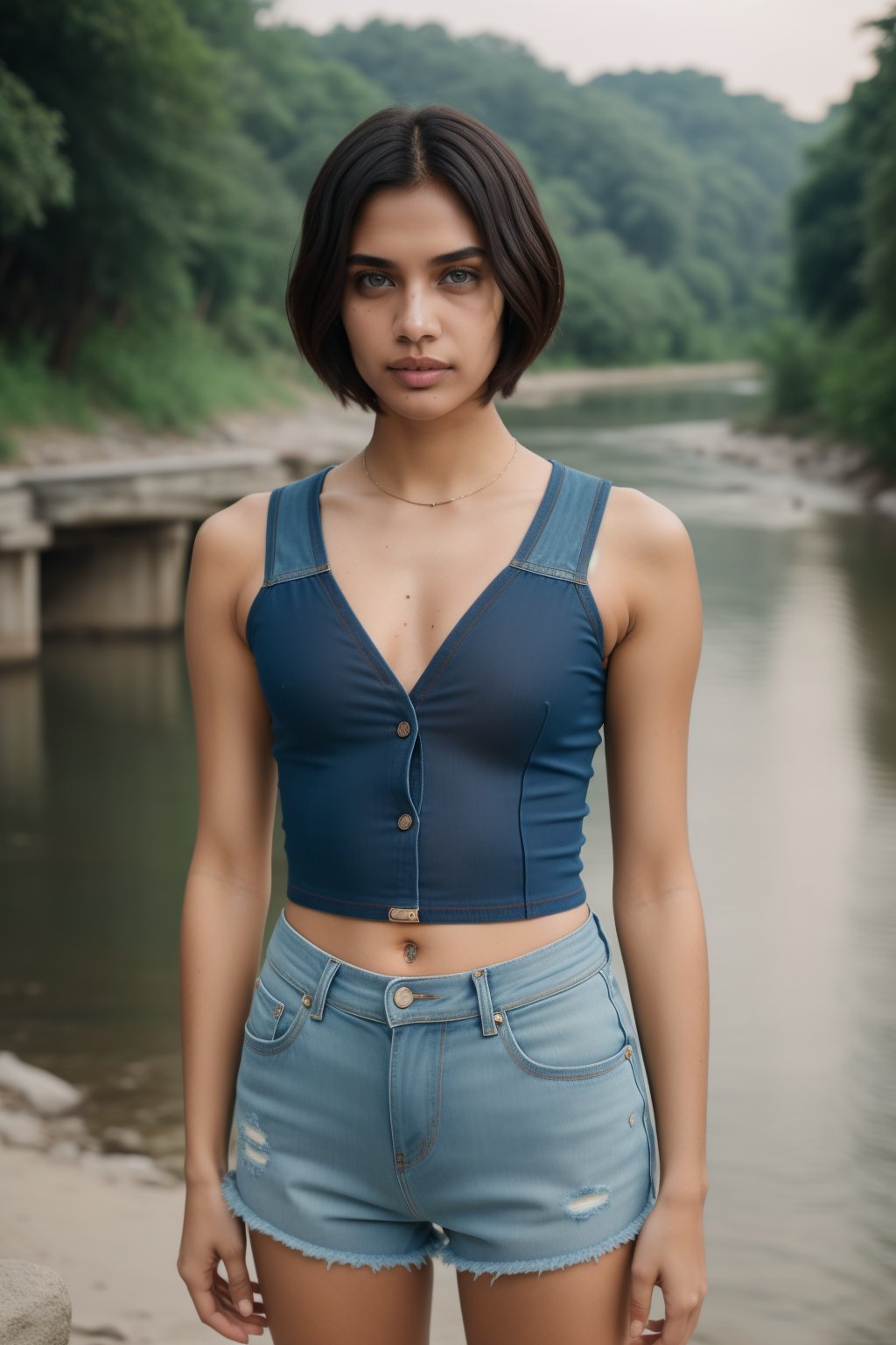 photo of wo_sarasam01, short hair, wearing a tight crop top and tiny denim shorts, river at the background, full body shot, detailed skin, 20 megapixel, canon eos r3, detailed skin, detailed, detailed face,<lora:EMS-304930-EMS:0.850000>