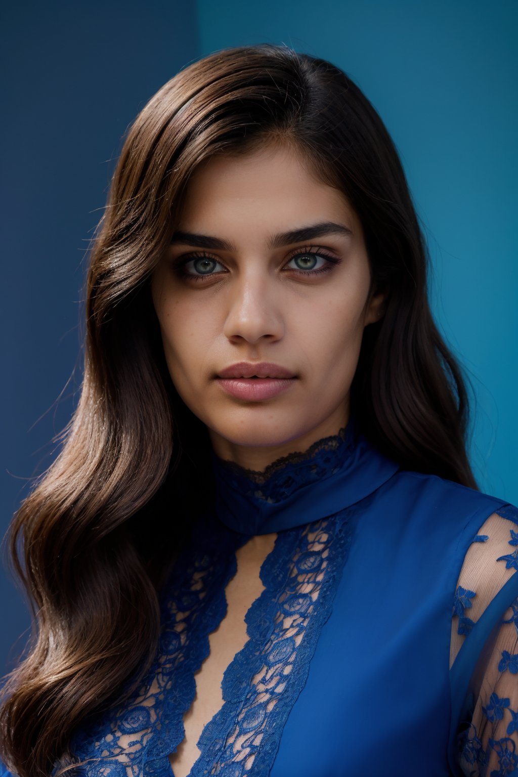 a portrait of the wo_sarasam01, headshot_portrait, wearing a lace blue shirt, colorful background, global illumination, high details, UHD, RAW, HDR effect, beautiful, aesthetic, perfect lighting, thin nose, woman,<lora:EMS-304930-EMS:0.850000>