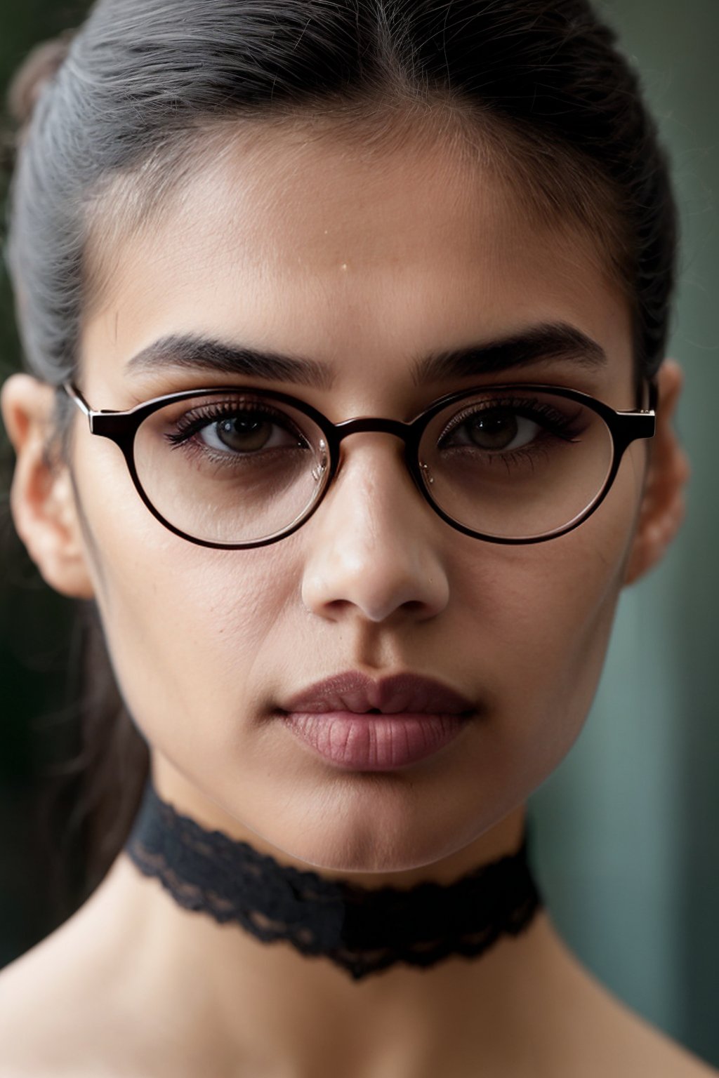 glasses, Sharp Focus, wo_sarasam01, her expression is sexy with parted lips, tied in a bun, (close-up:0.8), low key lighting, shot on Lumix GH5, cinematic bokeh, lace choker, (simple background:1.2), teasing, detailed skin,<lora:EMS-304930-EMS:0.850000>