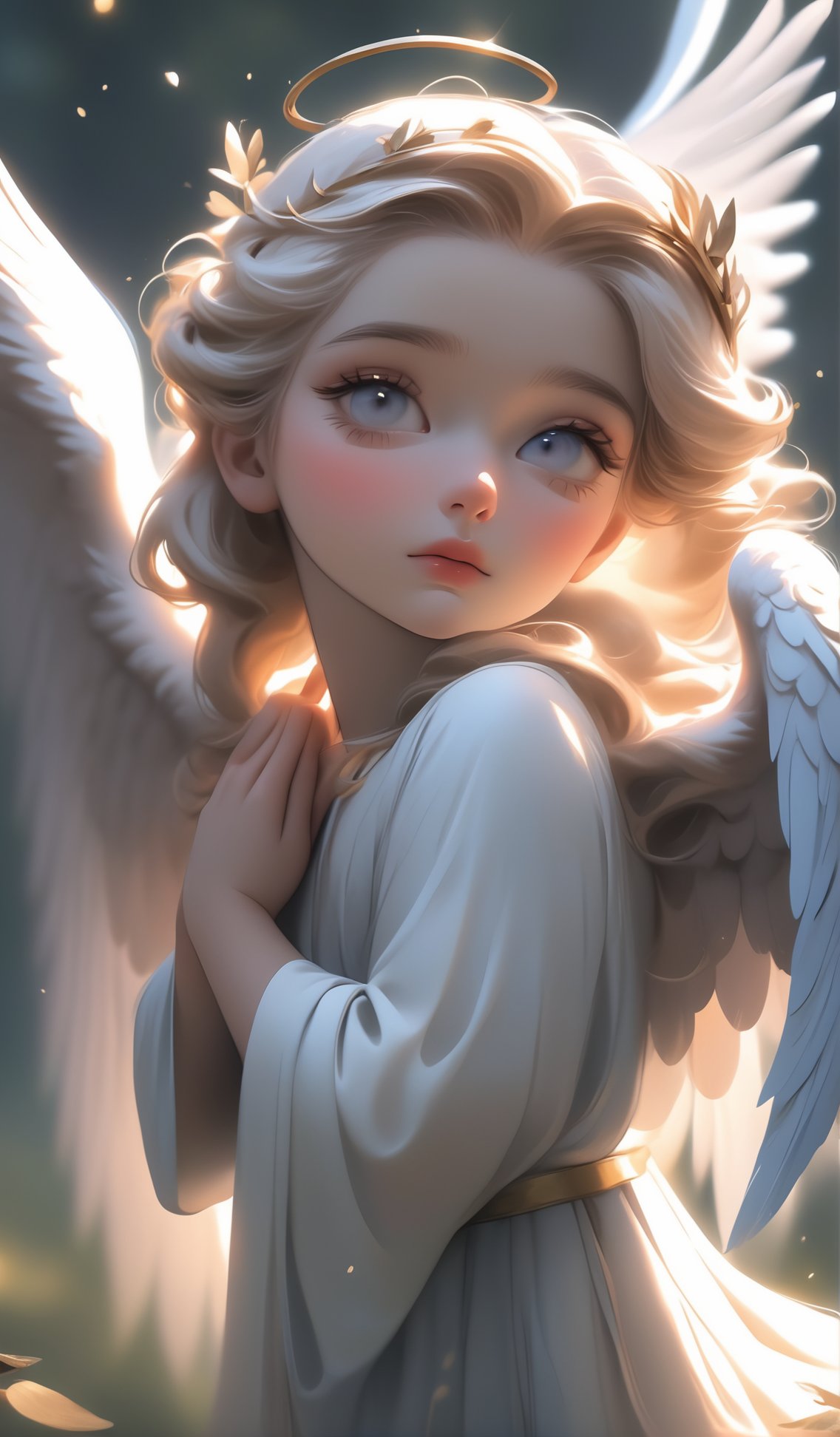 praying hands, beautiful angel wiht large wings, perfect hands, perfect fingers, (best quality, 4k, 8k, highres, masterpiece:1.2), ultra-detailed, (realistic, photorealistic, photo-realistic:1.37), cinematic, inner glowing shining, transparent body, beautiful detailed eyes, beautiful detailed lips, extremely detailed eyes and face, long eyelashes, soft flowing hair, graceful pose, ethereal atmosphere, soft ambient lighting, subtle color grading, sublime beauty, sublime beauty, ethereal background, captivating aura, magical scene, gentle mist, serene environment, surreal ambiance, impeccable composition, vivid colors, luminous glow, fantasy element, mysterious charm, dreamlike quality, hauntingly beautiful, peaceful expression, serene atmosphere, effortless elegance, enchanting allure, mesmerizing presence, sublime grace, angel wings, transcendent beauty, dinamic pose, cinematic, ((fantasy creature, beautiful view, motion blur, brushstrokes, concept art)),K-Eyes<lora:EMS-83712-EMS:0.800000>, <lora:EMS-24545-EMS:0.800000>, <lora:EMS-304964-EMS:0.700000>