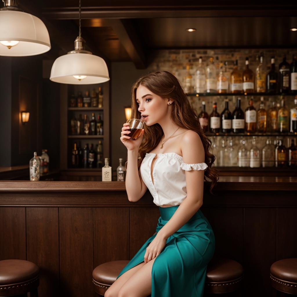 <lora:@lekG:1> @lekg_girl, beautiful girl, strapless shirt, long flowing skirt,  sitting on a bar stool, drinking from a glass in a well-lit bar, dynamic lighting, photorealistic, 8k uhd natural lighting, raw, rich, intricate details, key visual, atmospheric lighting, 35mm photograph, film, bokeh, professional, 4k, highly detailed,