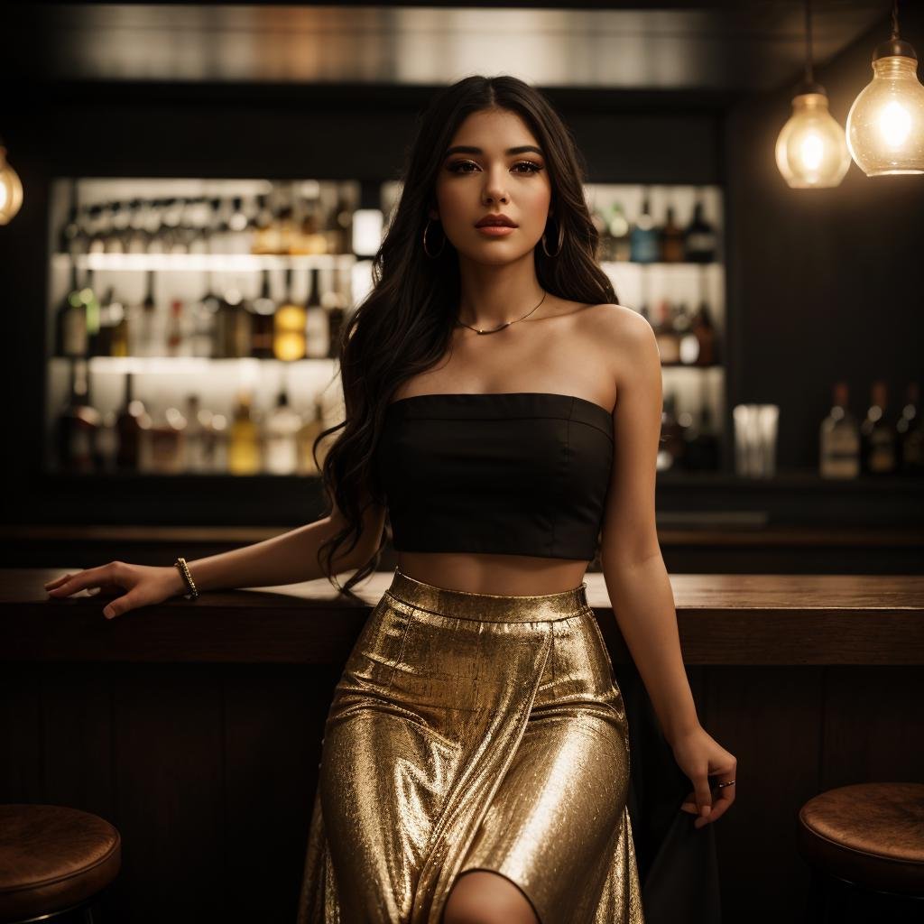 <lora:@mbreV_962:0.8> @mbrev, thin., beautiful girl, strapless shirt, long flowing skirt, sitting on a bar stool, drinking from a glass in a well-lit bar, dynamic lighting, photorealistic, 8k uhd natural lighting, raw, rich, intricate details, key visual, atmospheric lighting, 35mm photograph, film, bokeh, professional, 4k, highly detailed,