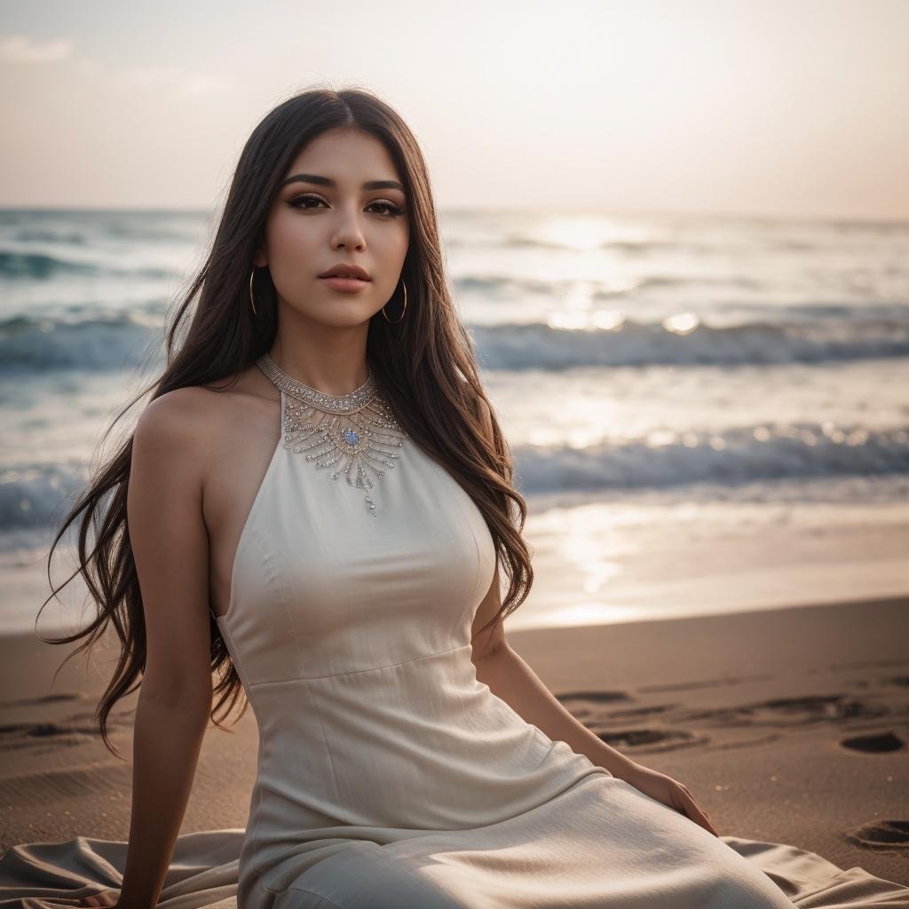 <lora:@mbreV_962:0.8> @mbrev, thin., Sitting on the beach in a long flowing halter neck dress,  depth of field bokeh,  (masterpiece) (best quality) (detailed) (8k) (wallpaper) (cinematic lighting) (sharp focus) (intricate), perfect, portrait , hyper detailed, amazing background, highly defined details 32k UHD, lifelike photo,