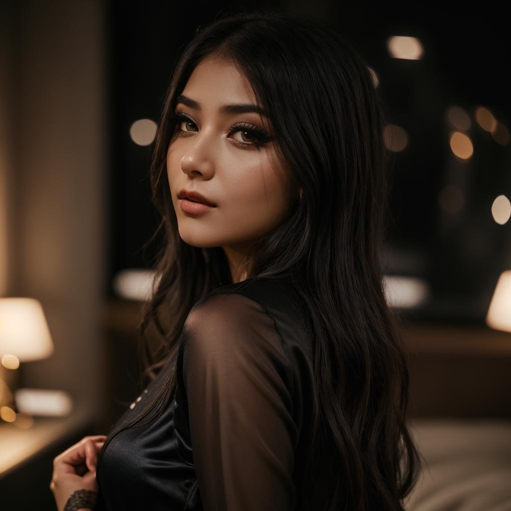 <lora:@mbreV_962:1> @mbrev, thin., beautiful girl wearing black silk pajamas,depth of field bokeh, bedroom, (masterpiece) (best quality) (detailed) (8k) (wallpaper) (cinematic lighting) (sharp focus) (intricate),  perfect, portrait , hyper detailed, amazing background, highly defined details 32k UHD, lifelike photo,