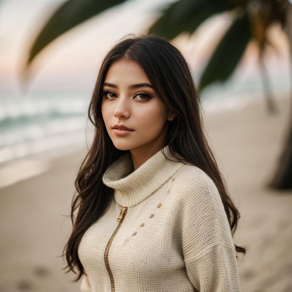 <lora:@mbreV_962:0.8> @mbrev, thin,, beautiful girl wearing an unzipped sweater, open sweater, glamourous hair, depth of field, bokeh, morning tropical beach (masterpiece) (best quality) (detailed) (8k) (wallpaper) (cinematic lighting) (sharp focus) (intricate),