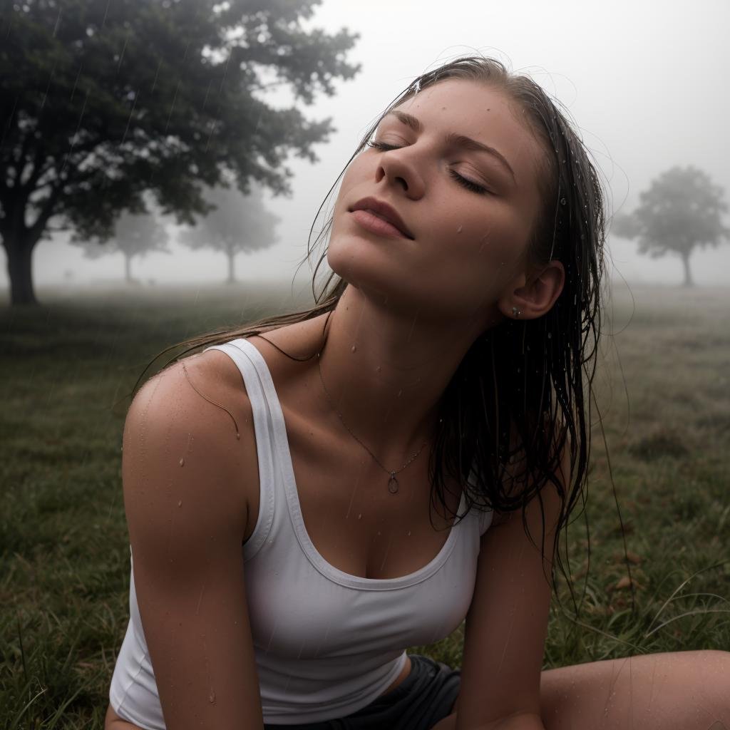 <lora:()Ashlynn Spektre:1> Ashlynn_Spektre, HDR photo, eyes closed, white tank top and underwear, clinging clothes, looking up into the sky, sitting in a grass field in the rain, raining, wet skin, wet hair, foggy, misty rain, puddle of water, reflection . High dynamic range, vivid, rich details, clear shadows and highlights, realistic, intense, enhanced contrast, highly detailed