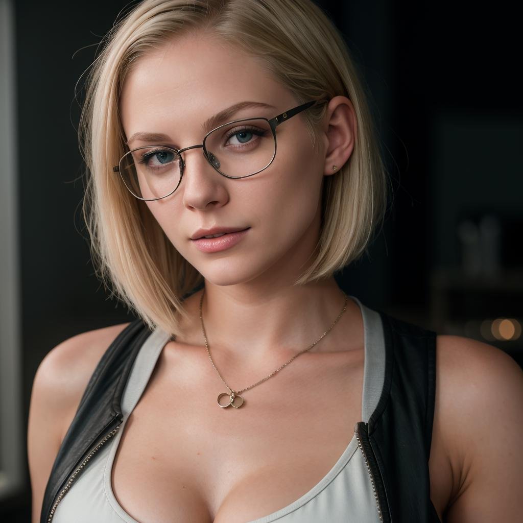 <lora:()Ashlynn Spektre:1> Ashlynn_Spektre, blonde, bob cut, glasses, unzipped jacket, tank top,  exposed cleavage, photorealistic, 8k uhd natural lighting, raw, rich, intricate details, key visual, atmospheric lighting, 35mm photograph, film, bokeh, professional, 4k, highly detailed,