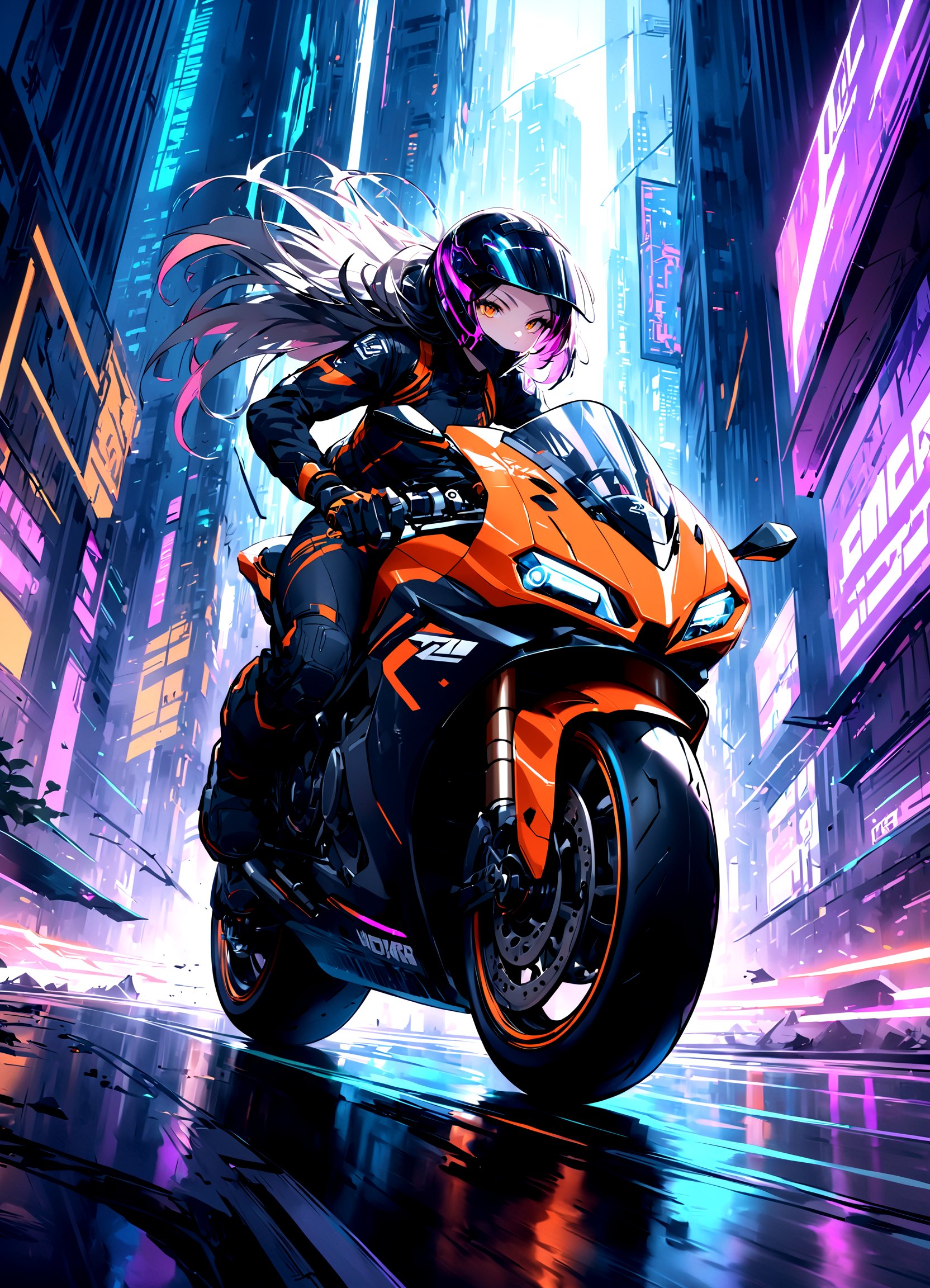 An electrifying illustration capturing the fast-paced action of a motorcycle racer speeding through a futuristic cyberpunk cityscape. The motorcycle rider, dressed in sleek and edgy attire, leans forward with intense determination as they navigate the high-speed race. The motorcycle leaves behind long trails of blurred and elongated light, creating a mesmerizing effect of motion and speed. The cyberpunk-inspired cityscape is filled with towering neon-lit skyscrapers, bustling streets, and futuristic advertisements, immersing the viewer in a vibrant and dynamic world. The color palette chosen for this image includes vibrant neon colors, contrasting with dark shadows and atmospheric haze, adding to the gritty and futuristic atmosphere. The overall result is a thrilling portrayal of a motorcycle racer in a cyberpunk setting, beautifully rendered in a style that captures the adrenaline and energy of this high-speed competition.