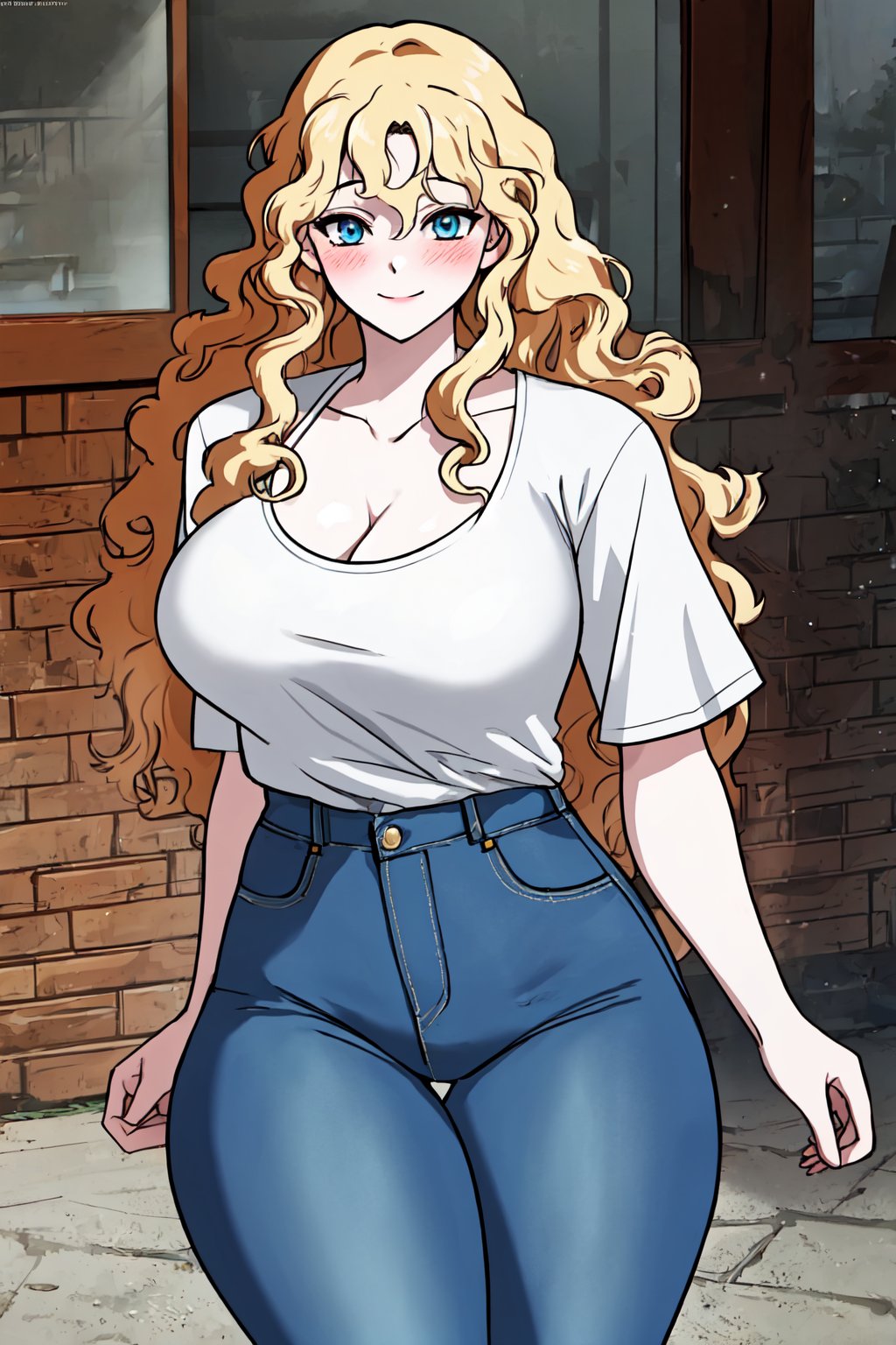 masterpiece, best quality, highly detailed background, perfect lighting, best quality, (extremely detailed face), volumetric lighting, intricate details, shadow, tonemapping, sharp focus, hyper detailed, trending on Artstation, (solo)
BREAK
(pale skin, blonde hair, curly hair, big hair, blue eyes, long hair, hair down, wide hips, curvy_figure, thick-thighs, curvy, curvy_hips, slender_waist, big breasts)
BREAK
(Jeans, t-shirt, cleavage)
BREAK
(Outdoors city)
BREAK
(Looking at viewer, standing, front-view, light smile, closed mouth, blush)