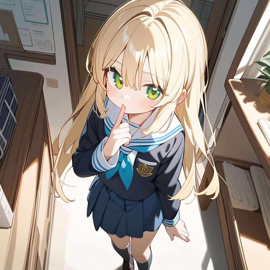 <lora:cute_xl_v3:1>,1girl, solo, long hair, green eyes, flat chest, looking at viewer, finger to mouth, shirt, bangs, standing, school uniform, blonde hair, blue skirt, hair between eyes, long sleeves, from above, blush, sailor collar, socks, indoors