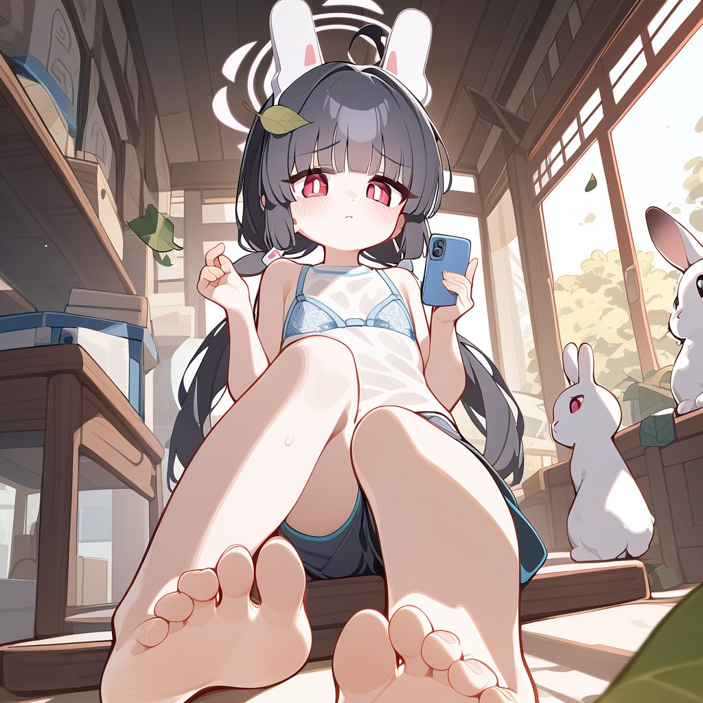 <lora:cute_xl_v3:1>,1girl,solo,toes,feet,barefoot,red eyes,soles,sitting,halo,black hair,foot focus,miyu (blue archive),foreshortening,twintails,bangs,bare legs,shorts,looking at viewer,from below,indoors,see-through,animal ears,bare arms,table,leaf on head,legs,low twintails,bare shoulders,fake animal ears,blush,rabbit ears,bra,leaf,blunt bangs,underwear,shirt,holding,white shirt,rabbit,short shorts,day,