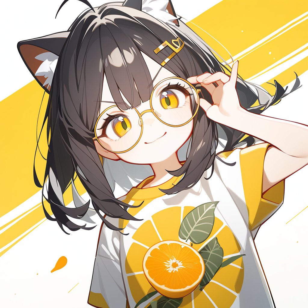 <lora:cute_xl_v3:1>,1girl, solo, animal ears, shirt, hair ornament, white background, glasses, simple background, looking at viewer, smile, yellow-framed eyewear, upper body, fruit, yellow eyes, short sleeves, food, animal ear fluff, adjusting eyewear, cat ears, hairclip, round eyewear, long hair, bangs, closed mouth, black hair, yellow shirt, print shirt, hand up, v-shaped eyebrows, medium hair, hair between eyes