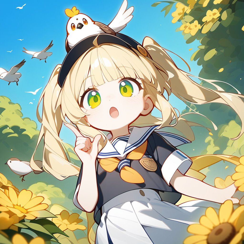 <lora:cute_xl_v3:1>,1girl,blonde hair,green eyes,hat,twintails,outdoors,solo,flower,open mouth,day,sailor collar,tree,yellow flower,on head,bird,sky,bangs,animal on head,blue sky,white sailor collar,animal,hand up,upper body,index finger raised,yellow eyes,short sleeves,long hair,white skirt,:o,two side up,