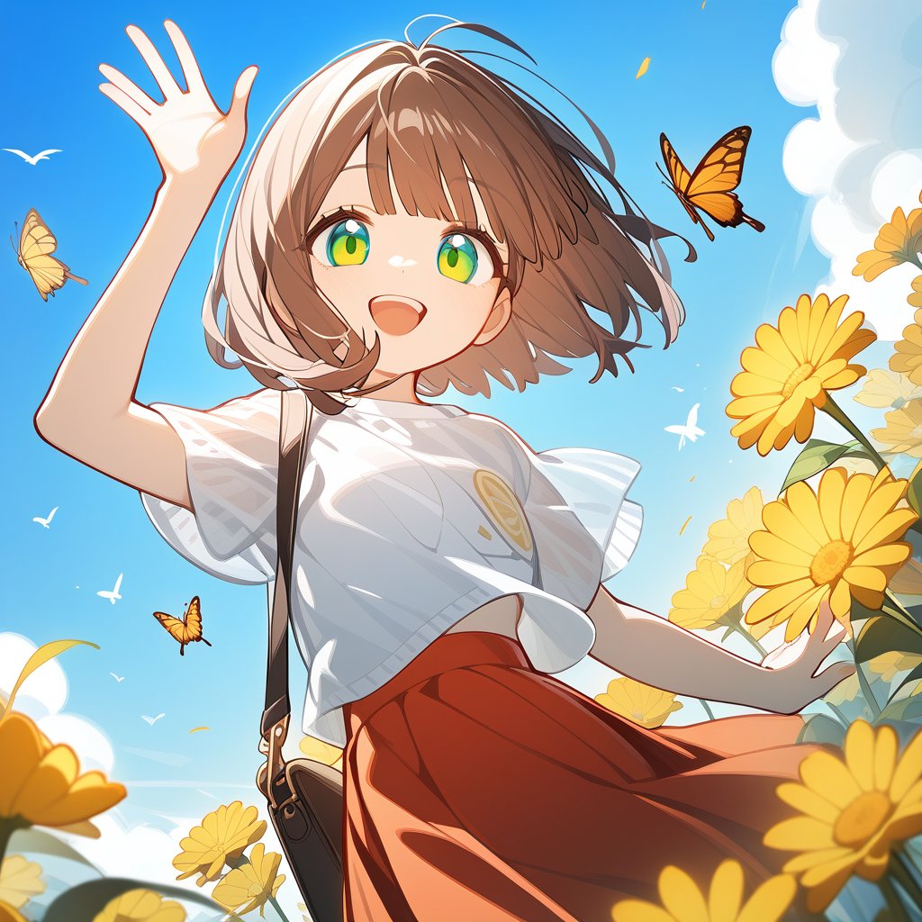 <lora:cute_xl_v3:1>,1girl,solo,short hair,cloud,outdoors,sky,flower,shirt,bag,smile,open mouth,looking at viewer,white shirt,short sleeves,day,blue sky,bangs,brown hair,arm up,yellow flower,:d,waving,red skirt,shoulder bag,butterfly,bug,bird,skirt,aqua eyes,cloudy sky,teeth,green eyes,upper teeth only,