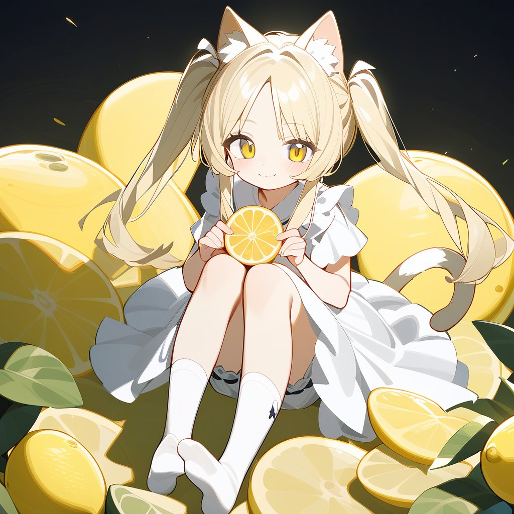 <lora:cute_xl_v3:1>,1girl,animal ears,solo,blonde hair,tail,fruit,food,pillow,socks,looking at viewer,smile,white socks,yellow eyes,cat ears,animal ear fluff,bangs,parted bangs,lemon,long hair,cat tail,closed mouth,no shoes,cat girl,dress,white dress,sitting,black background,full body,lemon slice,bloomers,twintails,blush,soles,