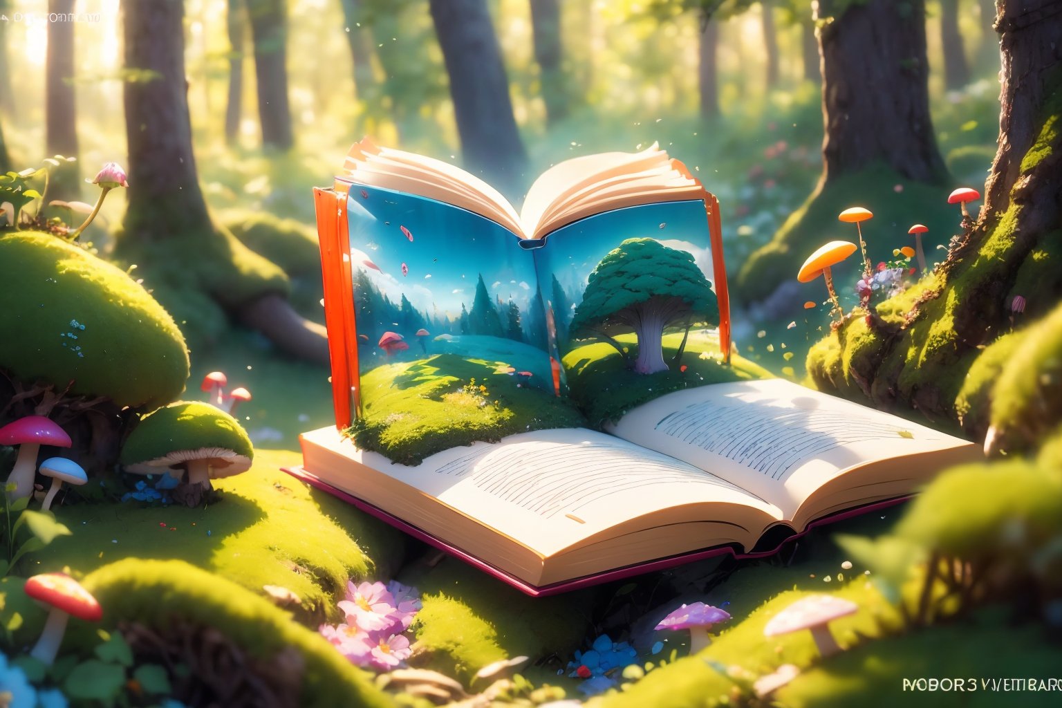 flower,outdoors,day,artist name,blurry,tree,book,no humans,depth of field,watermark,grass,nature,scenery,forest,open book,mushroom,moss,<lora:EMS-304972-EMS:0.800000>