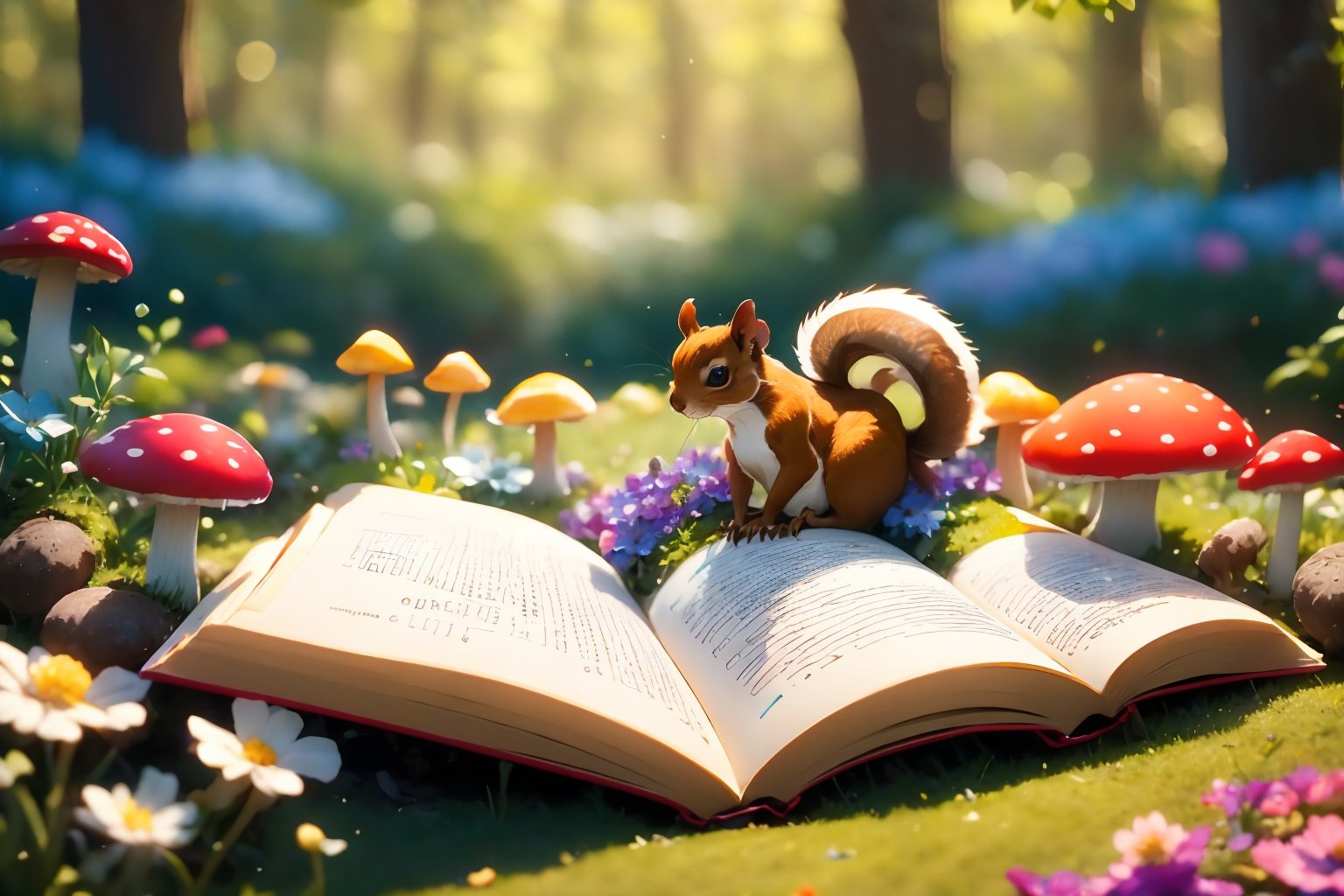 flower,outdoors,day,blurry,book,no humans,depth of field,blurry background,animal,grass,white flower,nature,scenery,blue flower,open book,realistic,mushroom,animal focus,squirrel,<lora:EMS-304972-EMS:0.800000>