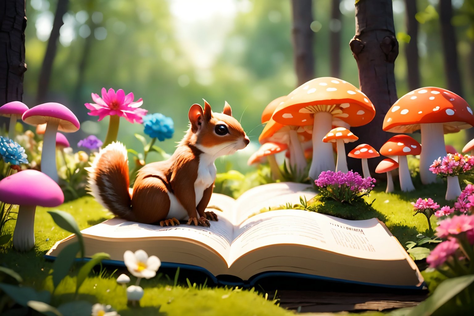 flower,outdoors,day,blurry,book,no humans,depth of field,blurry background,animal,grass,white flower,nature,scenery,blue flower,open book,realistic,mushroom,animal focus,squirrel,<lora:EMS-304972-EMS:0.800000>