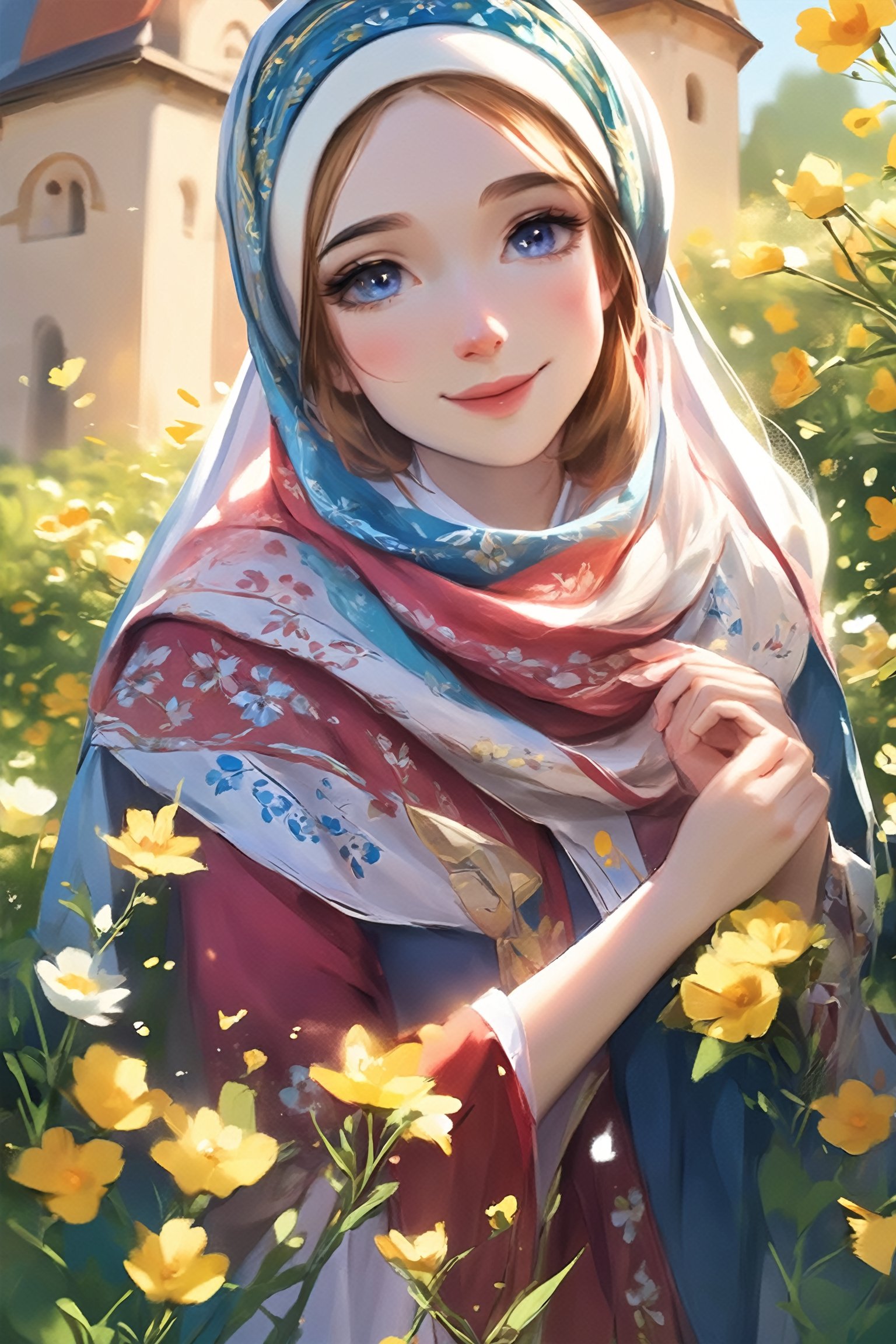 (1girl), a girl in an Orthodox church wears a modest scarf on her head, a long floor-length skirt with a pattern, beautiful girl smiles, beautiful eyes, high detail, clear face, light falls on her face, wildflowers, sunny day, voluminous lighting, soft morning light, sunlight glinting on her skin, Russian beauty (in color, color illustration), ((full body), low-key, sharp focus on subject, intricate environment scenery:1.1), (masterpiece, detailed, highres:1.4), (perfect feminine anatomy, perfect proportions, Perfect Hands:1.125), Sweeping cinematic lens flares, ultra crisp details, (f_stop 2.8), (focal_length 85mm f/2.8), K-Eyes, Perfect Hands, Wonder of Beauty, K-Eyes,Long Legs and Hot Body,<lora:EMS-248183-EMS:0.700000>,<lora:EMS-304982-EMS:0.800000>,<lora:EMS-231841-EMS:0.800000>
