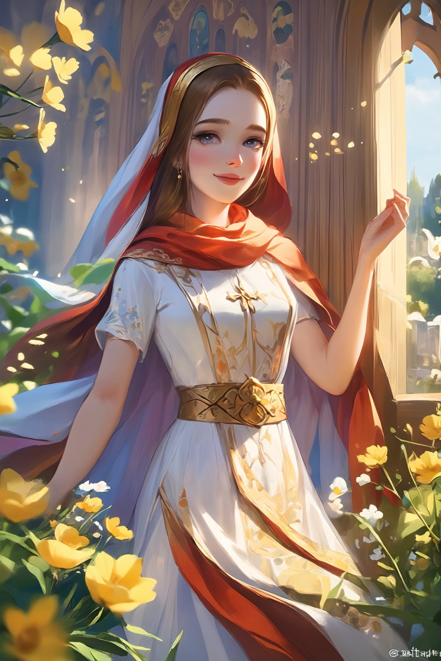 (1girl), a girl in an Orthodox church wears a modest scarf on her head, a long floor-length skirt with a pattern, beautiful girl smiles, beautiful eyes, high detail, clear face, light falls on her face, wildflowers, sunny day, voluminous lighting, soft morning light, sunlight glinting on her skin, Russian beauty (in color, color illustration), ((full body), low-key, sharp focus on subject, intricate environment scenery:1.1), (masterpiece, detailed, highres:1.4), (perfect feminine anatomy, perfect proportions, Perfect Hands:1.125), Sweeping cinematic lens flares, ultra crisp details, (f_stop 2.8), (focal_length 85mm f/2.8), K-Eyes, Perfect Hands, Wonder of Beauty, K-Eyes,Long Legs and Hot Body,<lora:EMS-248183-EMS:0.700000>,<lora:EMS-304982-EMS:0.800000>,<lora:EMS-231841-EMS:0.800000>