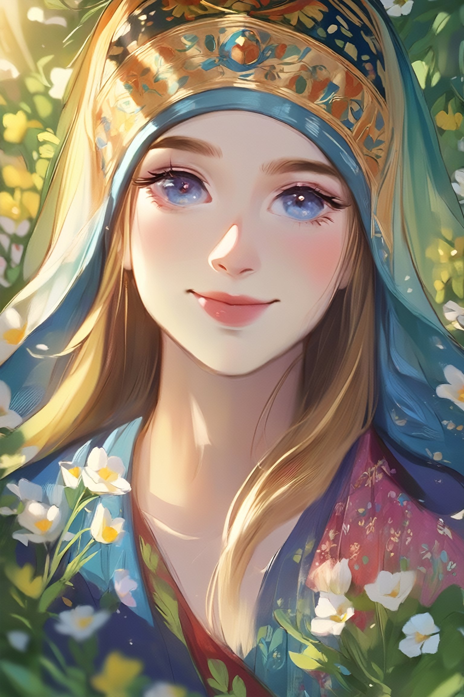 (1girl), a girl in an Orthodox church wears a modest scarf on her head, a long floor-length skirt with a pattern, beautiful girl smiles, beautiful eyes, high detail, clear face, light falls on her face, wildflowers, sunny day, voluminous lighting, soft morning light, sunlight glinting on her skin, Russian beauty (in color, color illustration), (full body, low-key, sharp focus on subject, intricate environment scenery:1.1), (masterpiece, detailed, highres:1.4), (perfect feminine anatomy, perfect proportions, Perfect Hands:1.125), Sweeping cinematic lens flares, ultra crisp details, (f_stop 2.8), (focal_length 85mm f/2.8), K-Eyes, Perfect Hands, Wonder of Beauty, K-Eyes,<lora:EMS-304982-EMS:0.900000>,<lora:EMS-299631-EMS:0.700000>,<lora:EMS-248183-EMS:0.800000>