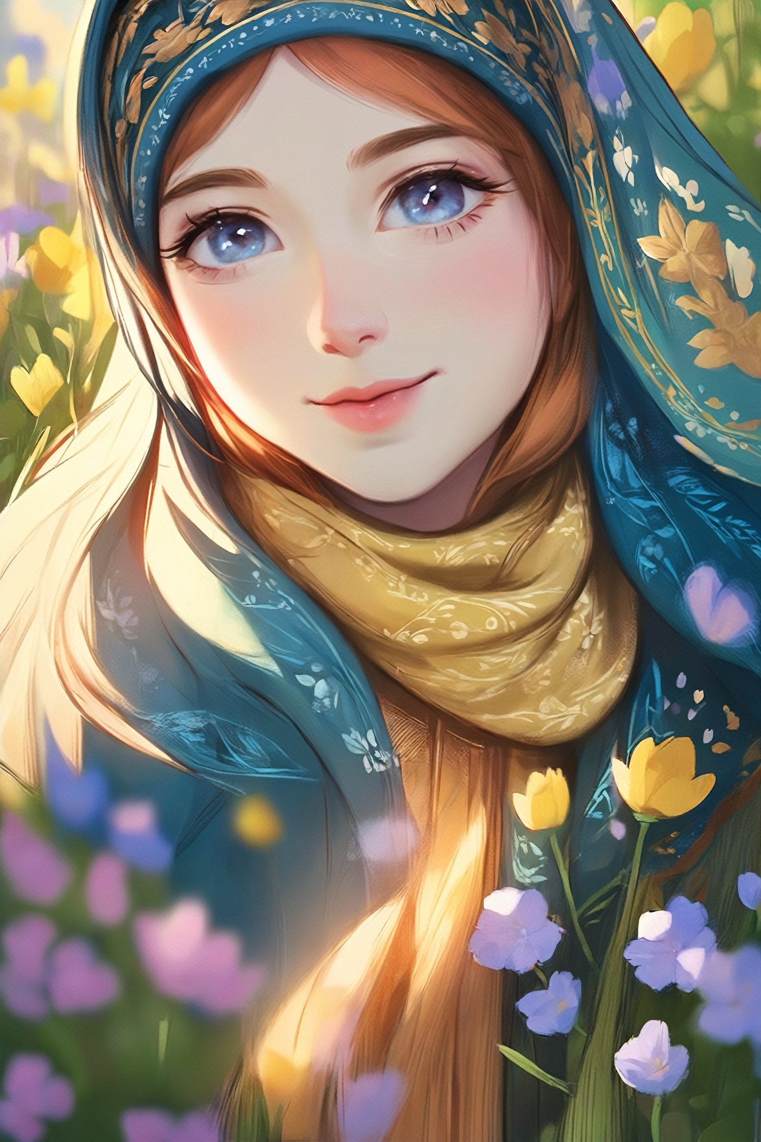 (1girl), a girl in an Orthodox church wears a modest scarf on her head, a long floor-length skirt with a pattern, beautiful girl smiles, beautiful eyes, high detail, clear face, light falls on her face, wildflowers, sunny day, voluminous lighting, soft morning light, sunlight glinting on her skin, Russian beauty (in color, color illustration), (full body, low-key, sharp focus on subject, intricate environment scenery:1.1), (masterpiece, detailed, highres:1.4), (perfect feminine anatomy, perfect proportions, Perfect Hands:1.125), Sweeping cinematic lens flares, ultra crisp details, (f_stop 2.8), (focal_length 85mm f/2.8), K-Eyes, Perfect Hands, Wonder of Beauty, K-Eyes,<lora:EMS-248183-EMS:0.700000>,<lora:EMS-304982-EMS:0.800000>,<lora:EMS-299631-EMS:0.800000>