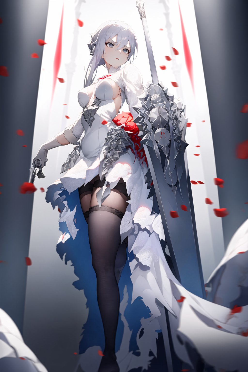 <lora:snowwhite:1>, snowwhite, white hair, grey eyes, flower, thighhighs, white torn dress, black stockigns, wielding one sword,  looking at viewer,(dynamic pose), at white cathedral, full body, depth of field,  dynamic light,best quality ,masterpiece 