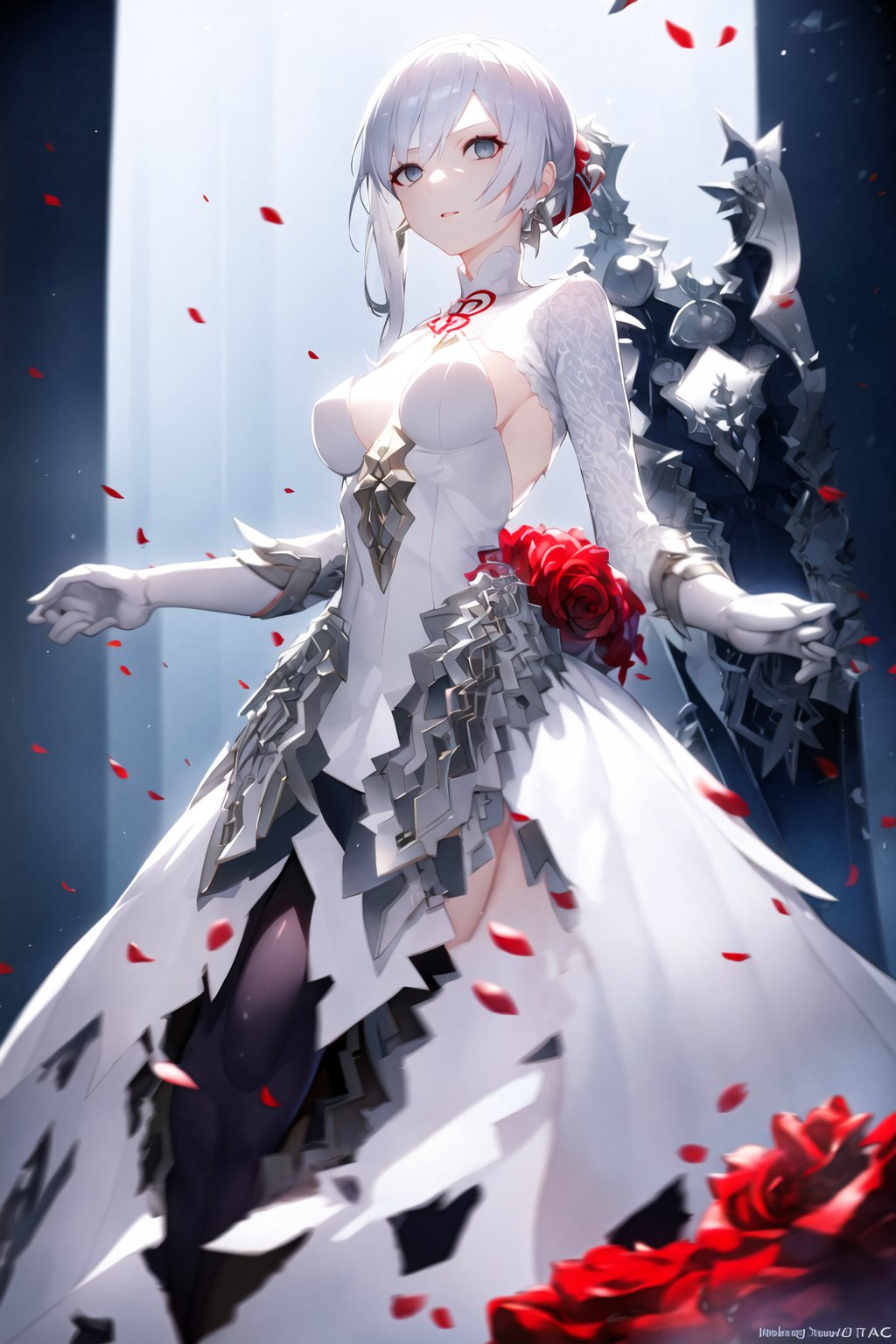 <lora:snowwhite:1>, snowwhite, white hair, grey eyes, flower, looking at viewer,dynamic pose, at white cathedral, full body, depth of field,  dynamic light,best quality ,masterpiece 