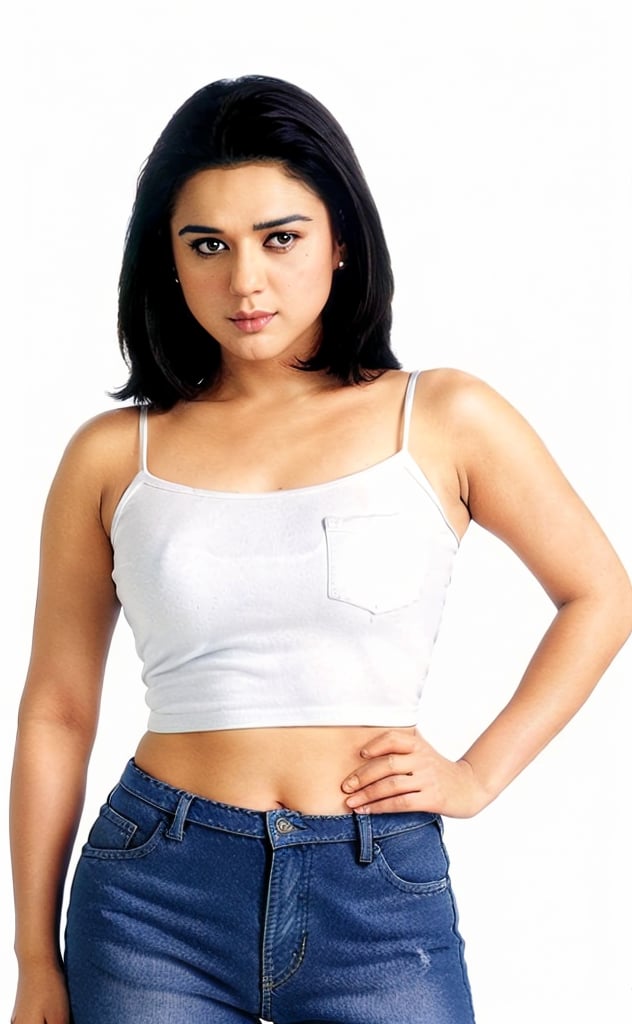 sharp focus photo of a prty woman in a dynamic pose, wearing elegant high-neck intricate kurta_with_Jeans covering chest area, looking at camera, perfect hands and fingers, natural proportions, simple white background,   
,photorealistic