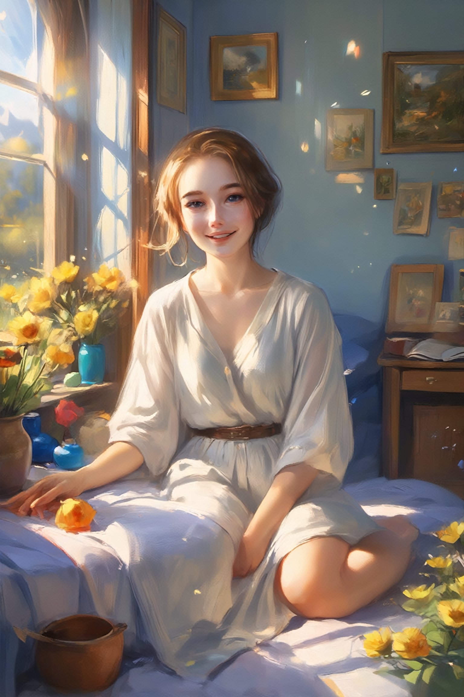 (1girl), beautiful girl smiles, beautiful eyes, high detail, clear face, light falls on her face, cozy room, wildflowers, sunny day, voluminous lighting, soft morning light, sunlight glinting on her skin, Russian beauty (in color, color illustration), ((full body), low-key, sharp focus on subject, intricate environment scenery:1.1), (masterpiece, detailed, highres:1.4), (perfect feminine anatomy, perfect proportions, Perfect Hands:1.125), Sweeping cinematic lens flares, ultra crisp details, (f_stop 2.8), (focal_length 85mm f/2.8), K-Eyes, Perfect Hands, Wonder of Beauty, K-Eyes,Long Legs and Hot Body,K-Eyes,oil painting,<lora:EMS-248183-EMS:1.000000>,<lora:EMS-305041-EMS:1.000000>,<lora:EMS-302885-EMS:0.300000>