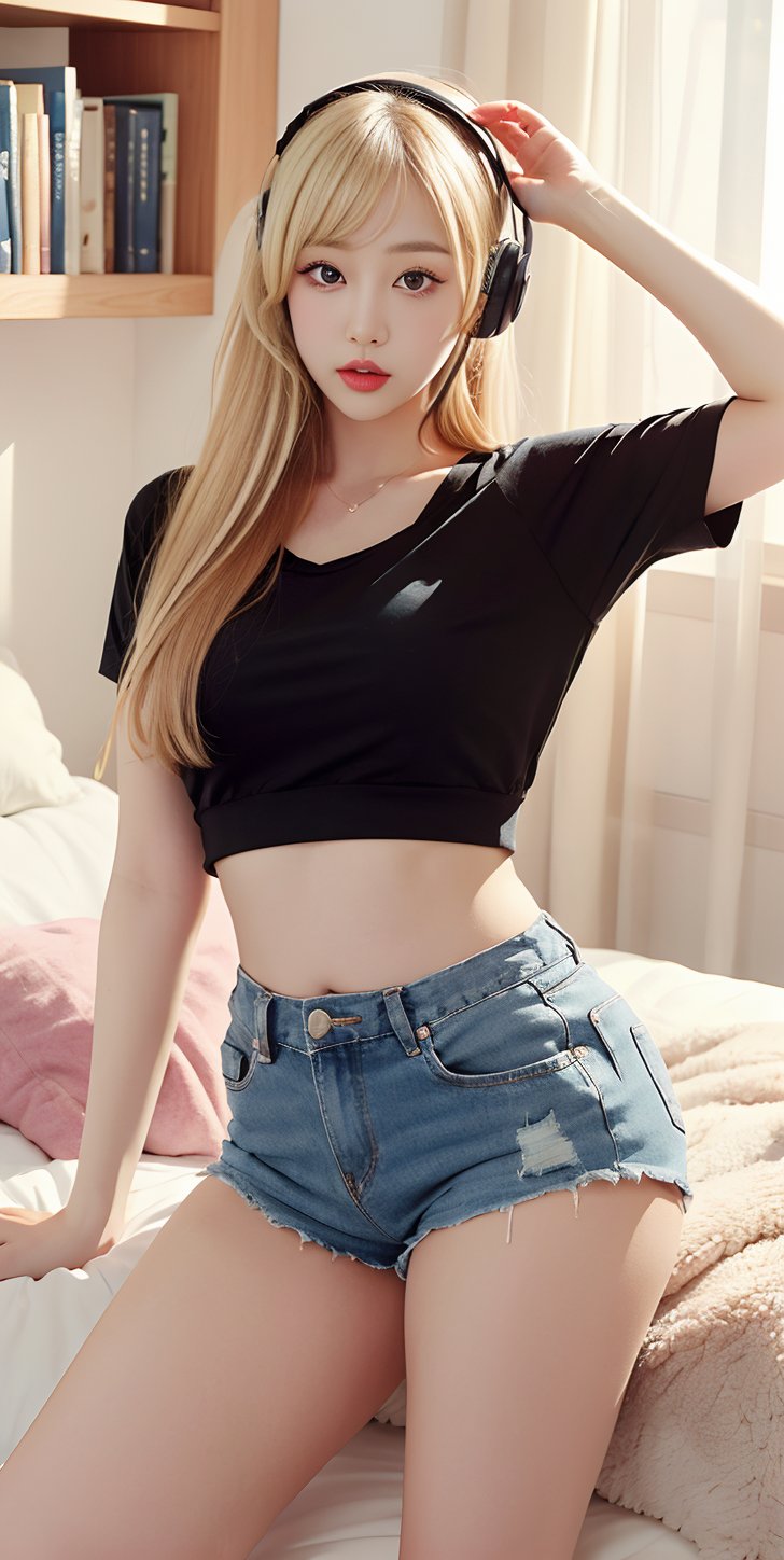 A pretty student woman in is bedroom, (30 yeara old korean), listening to music with headphones, sexy makeup,  blonde hair and black eyes, circle contact lens, small yellow top and black shorts, slightly wide thighs, chubby, messy youth bedroom, books, stuffed animals, cozy light,dolphin shorts, shoorts
,WaveAri
