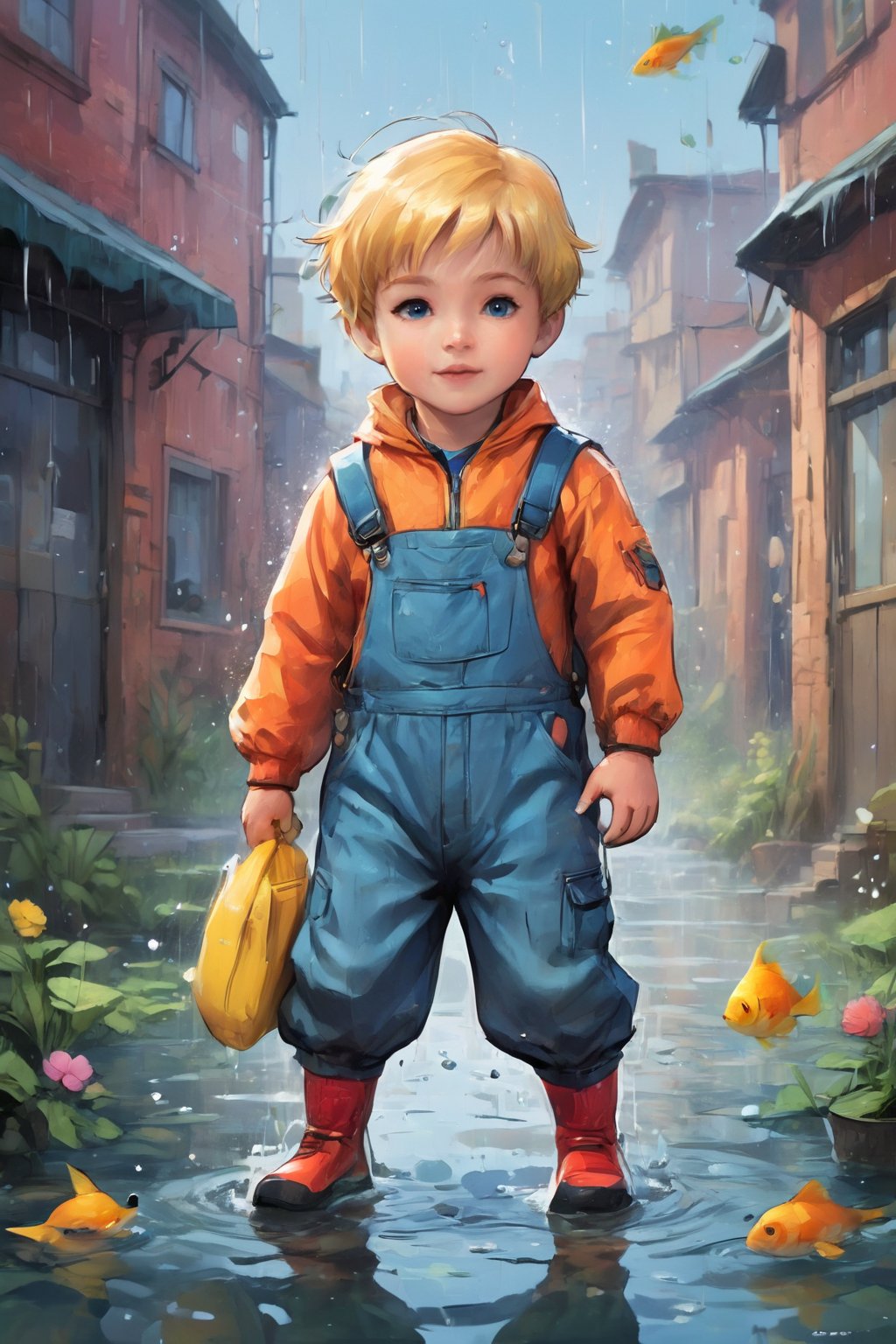 a little boy in a puddle, a Russian city of the future, in the yard, cheerful atmosphere, early in the morning in the rain, playing in the water, a school of fish, you can walk, right after the rain, stomp, in overalls, sensuality, wildflowers, morning, volumetric lighting, vintage (in color, color illustration), (masterpiece, detailed, highres:1.4), pastel watercolor world, amano yoshitaka, comic book, cammystretch,ULTIMATE LOGO MAKER [XL], K-Eyes,<lora:EMS-270197-EMS:0.500000>,<lora:EMS-277663-EMS:0.500000>,<lora:EMS-305052-EMS:0.900000>