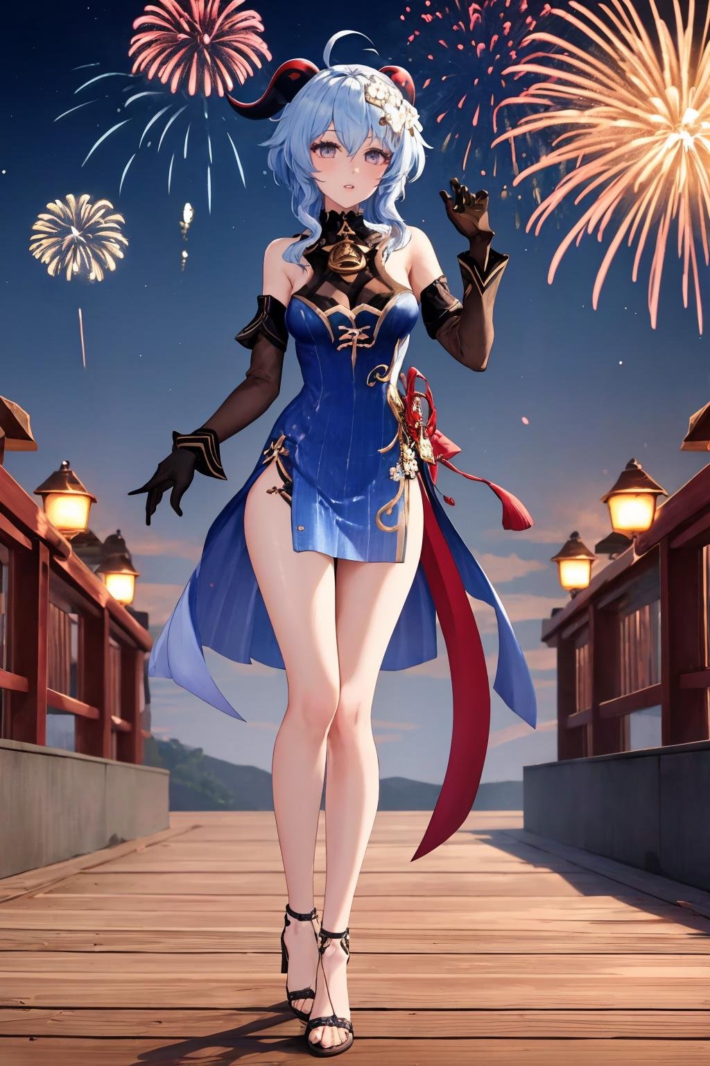 masterpiece, best quality, 1girl, solo, <lora:ganyutwilightblossom-gi-richy-v1:1> ganyutb, horns, ahoge, hair ornament, hair flower, neck bell, dress, detached sleeves, parted lips, looking at viewer, full body, bare legs, long legs, standing, black gloves, heels, outdoors, fireworks, walkway