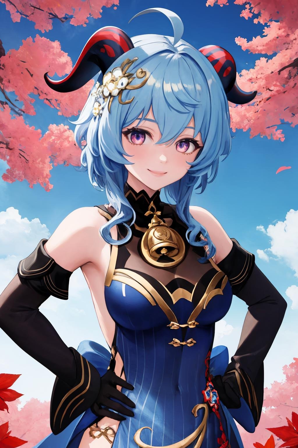 masterpiece, best quality, 1girl, solo, <lora:ganyutwilightblossom-gi-richy-v1:1> ganyutb, horns, ahoge, hair ornament, hair flower, neck bell, dress, detached sleeves, black gloves, smile, looking at viewer, hands on hips