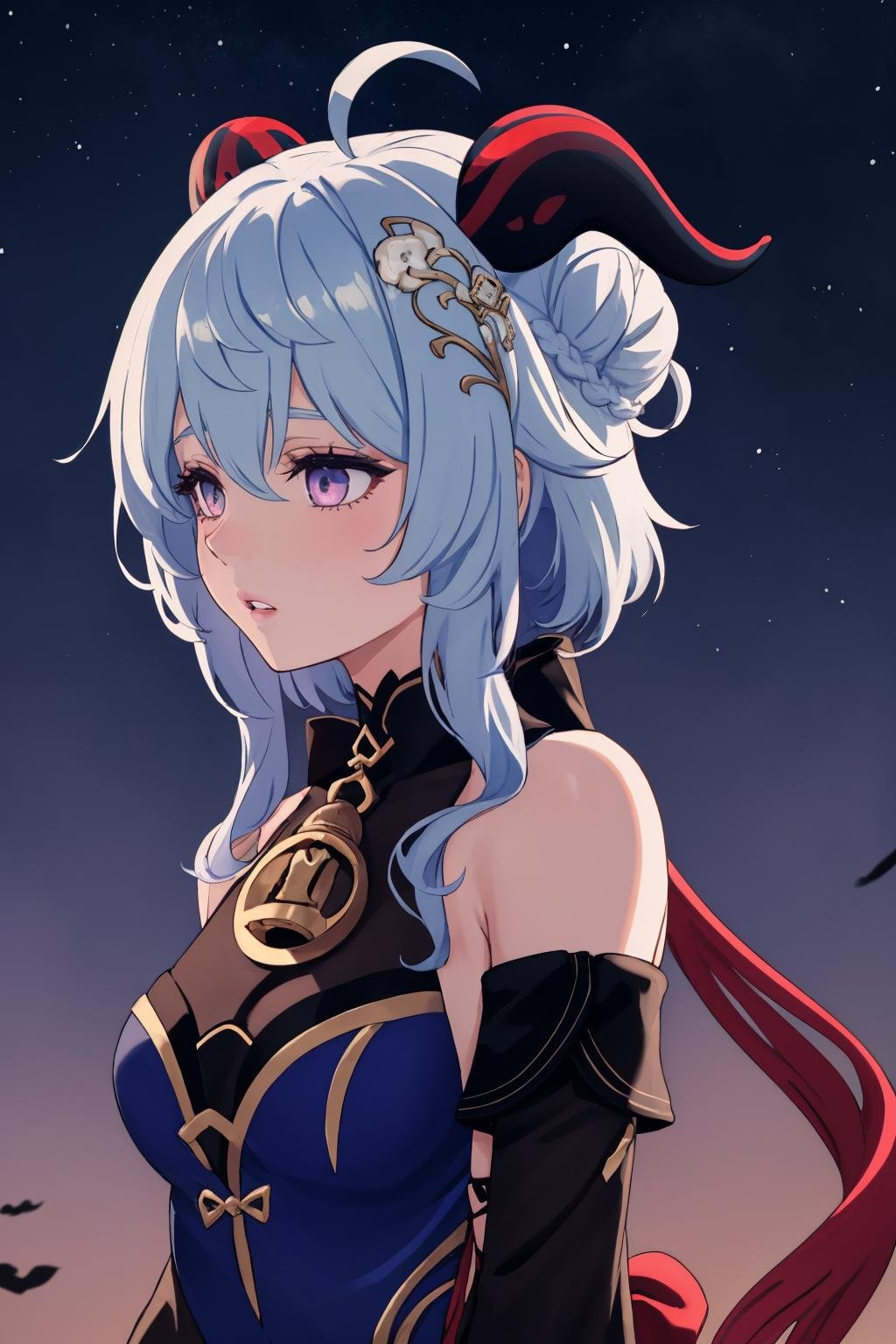 masterpiece, best quality, 1girl, solo, <lora:ganyutwilightblossom-gi-richy-v1:1> ganyutb, horns, ahoge, hair ornament, hair flower, neck bell, dress, detached sleeves, black gloves, parted lips, looking to the side, tired, dark, darkness, night, night sky, beautiful, serene, hair bun