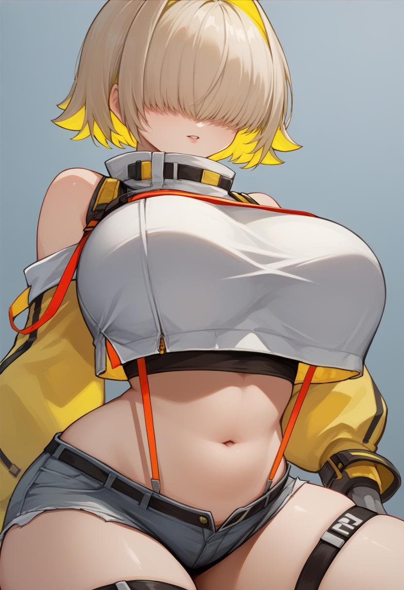 score_9, score_8_up, score_7_up, source_anime BREAK 1girl, solo, <lora:elegg-nikke-richy-v1_pdxl-10:1> elegg, short hair, bangs, hair intakes, multicolored hair, hair over eyes, crop top, bare shoulders, suspenders, midriff, navel, short shorts, thigh strap, gloves, large breasts 