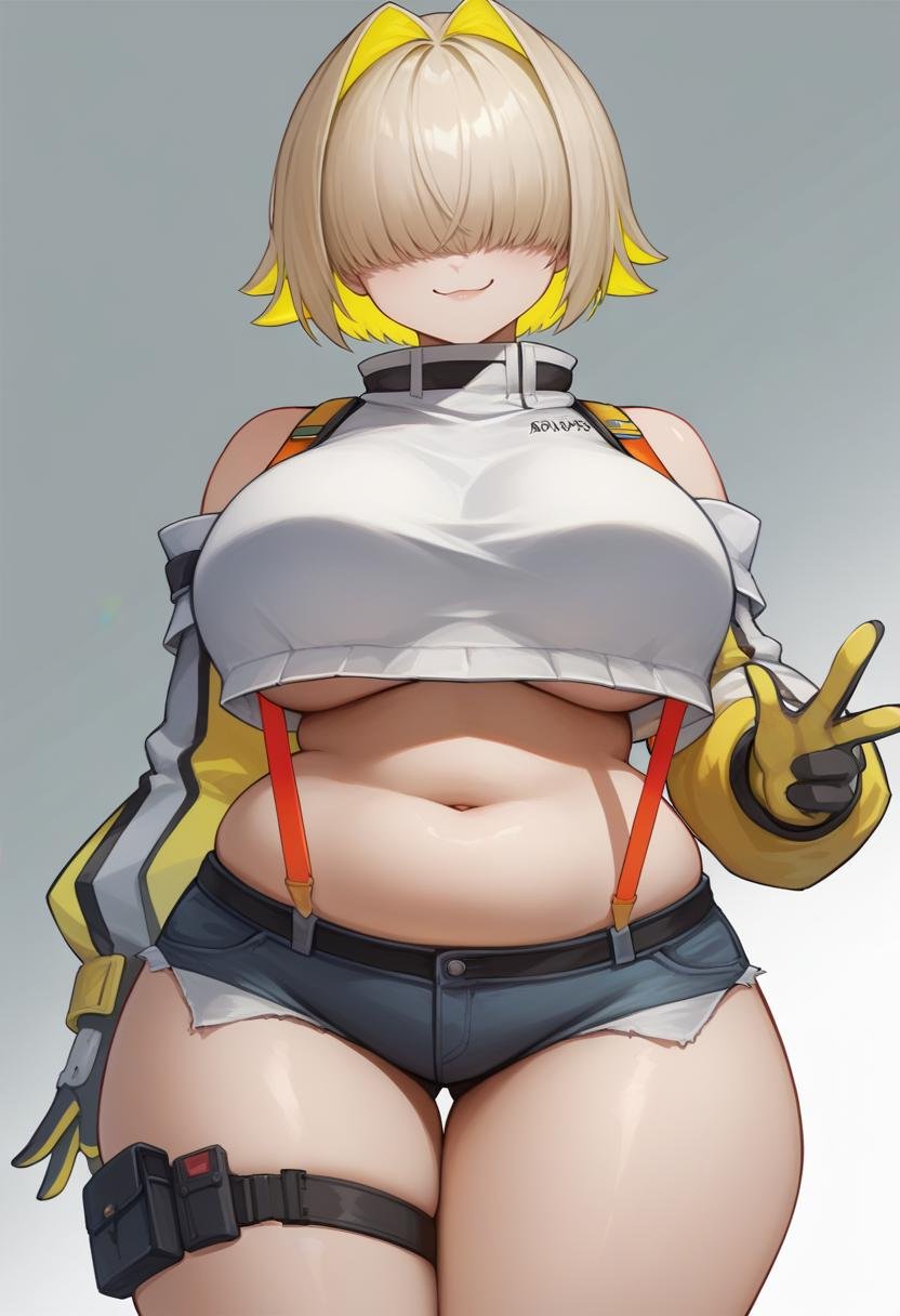 score_9, score_8_up, score_7_up, source_anime BREAK 1girl, solo, <lora:elegg-nikke-richy-v1_pdxl-10:1> elegg, short hair, bangs, hair intakes, multicolored hair, hair over eyes, crop top, bare shoulders, suspenders, midriff, navel, short shorts, thigh strap, gloves, large breasts, looking at viewer, thick thighs, plump, standing, smug