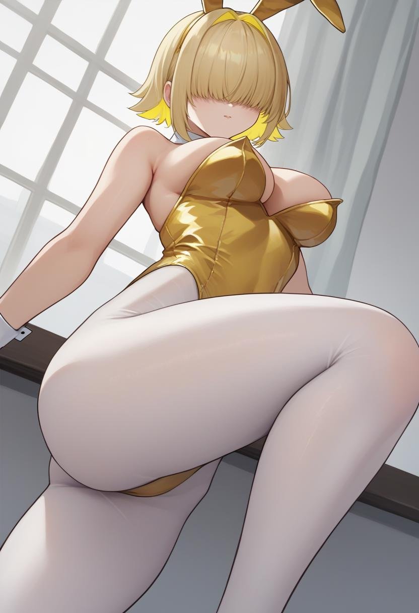 score_9, score_8_up, score_7_up, source_anime BREAK 1girl, solo, <lora:elegg-nikke-richy-v1_pdxl-10:1> elegg, short hair, bangs, hair intakes, multicolored hair, blonde hair, hair over eyes, playboy bunny, yellow leotard, white pantyhose