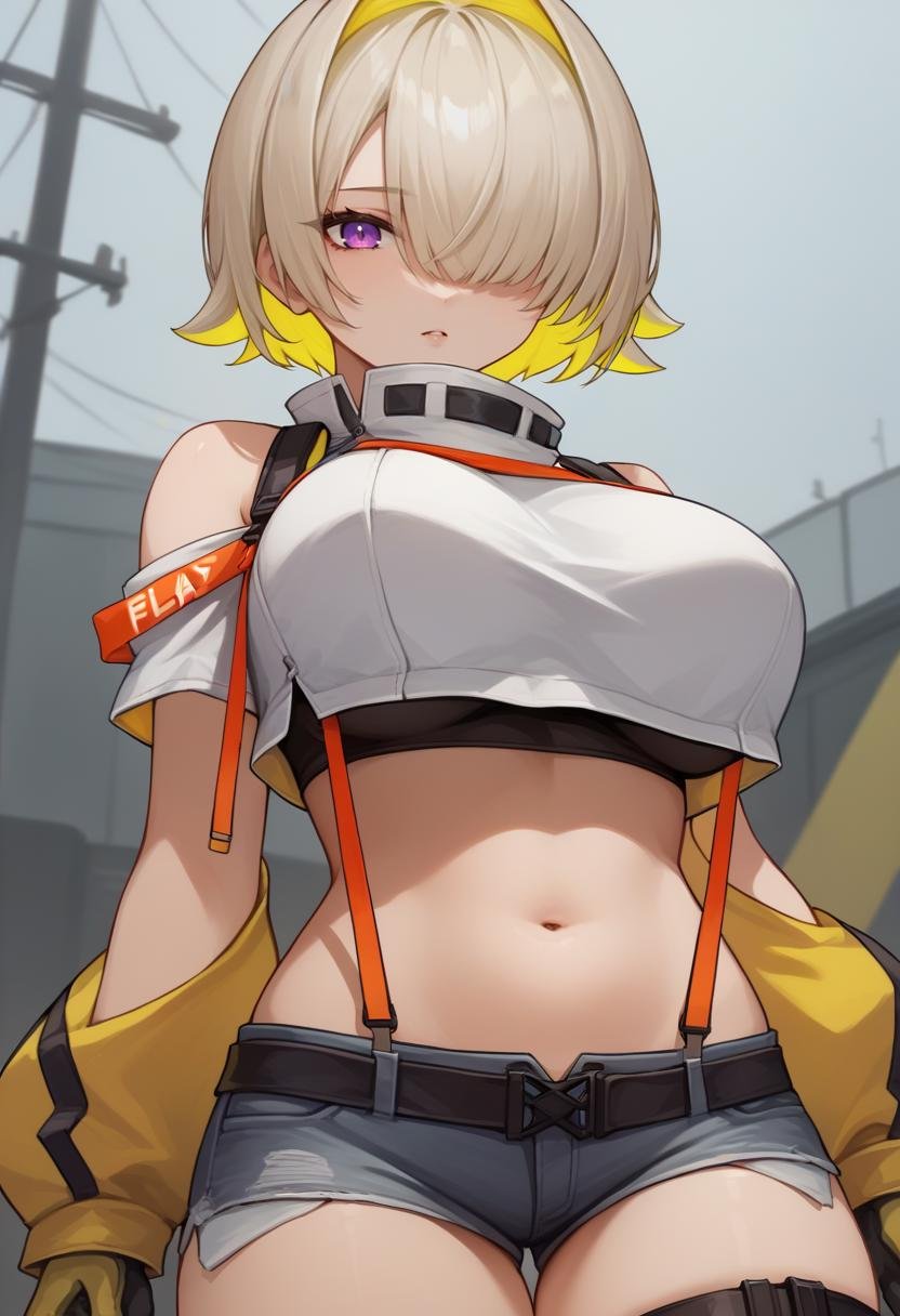 score_9, score_8_up, score_7_up, source_anime BREAK 1girl, solo, <lora:elegg-nikke-richy-v1_pdxl-10:1> elegg, short hair, bangs, hair intakes, multicolored hair, hair over one eye, crop top, bare shoulders, suspenders, midriff, navel, short shorts, thigh strap, gloves, large breasts, purple eyes, looking at viewer