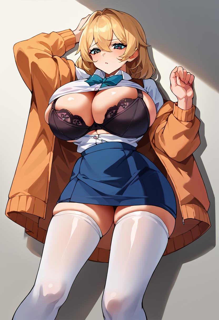 score_9, score_8_up, score_7_up, source_anime BREAK 1girl, solo, <lora:undersizedbra-concept-richy-v1_pdxl:1> undersized bra, <lora:ett-artist-richy-v1_pdxl:1> huge breasts, black bra, unbuttoned, leaning back, against wall, white thighhighs, skirt, standing