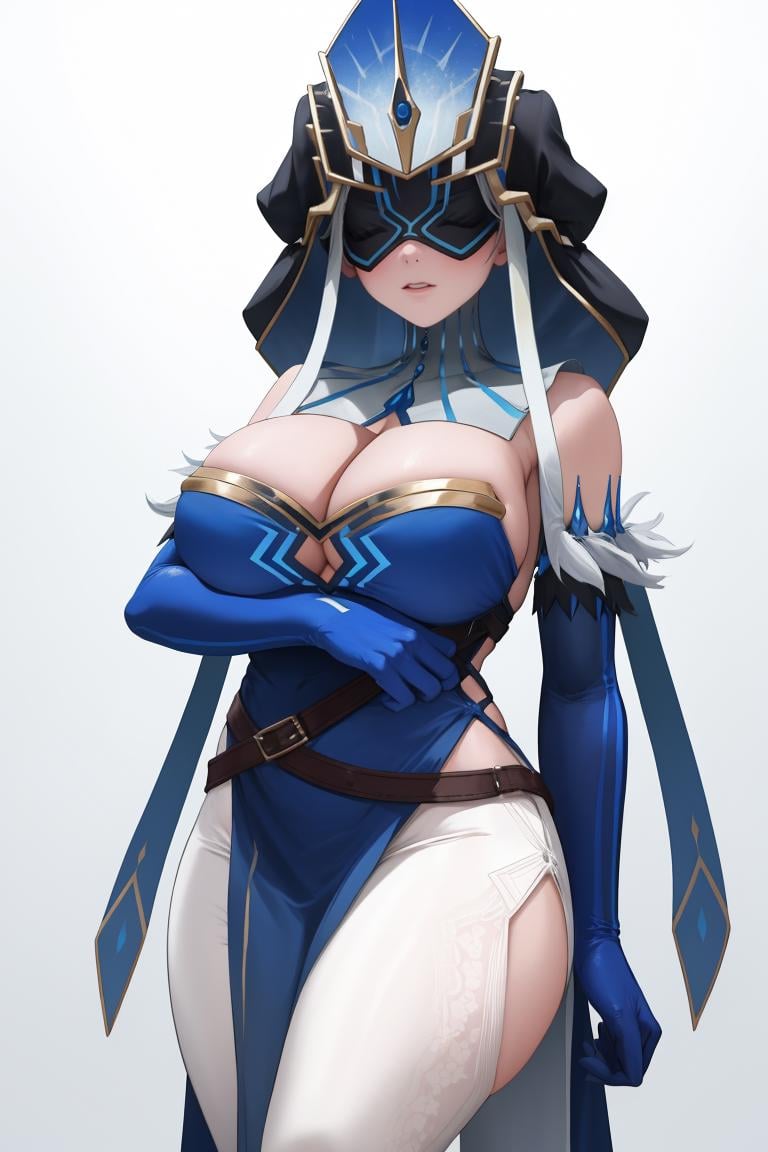 masterpiece, best quality, 1girl, solo, <lora:mirrormaiden-gi-richy-v1:1> mirrmaiden, headdress, eyemask, covered eyes, detached collar, blue dress, side slit, cleavage, blue gloves, elbow gloves, white leggings