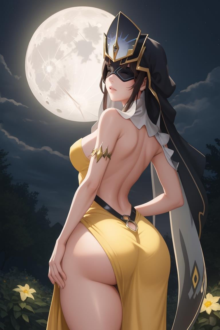 masterpiece, best quality, 1girl, solo, <lora:mirrormaiden-gi-richy-v1:0.9> mirrmaiden, headdress, eyemask, covered eyes, (yellow sundress:1.3), garden, outdoors, moon, full moon, dark, darkness, night, night sky, from behind, wide hips, looking back, backless outfit, thick thighs, veil