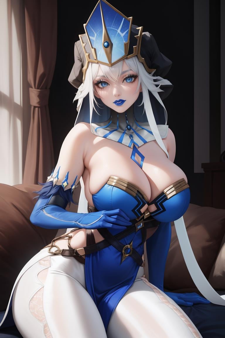 masterpiece, best quality, 1girl, solo, <lora:mirrormaiden-gi-richy-v1:1> mirrmaiden, headdress, detached collar, blue dress, side slit, cleavage, blue gloves, elbow gloves, white leggings, lipstick, blue lips, pale skin, mature female