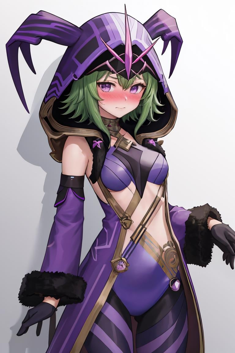 masterpiece, best quality, 1girl, solo, <lora:electrocicin-gi-richy-v1:1> electrocicin, green hair, short hair, hood, hooded cloak, purple leotard, fur trim, long sleeves, purple gloves, looking at viewer, shy, blush, embarrassed