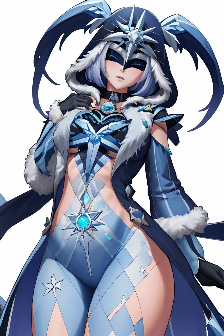 masterpiece, best quality, 1girl, solo, <lora:cryocicin-gi-richy-v1:1> cryocicin, blue hair, eye mask, covered eyes, hood, hooded cloak, blue dress, fur trim, long sleeves, gloves, diamond \(gemstone\)