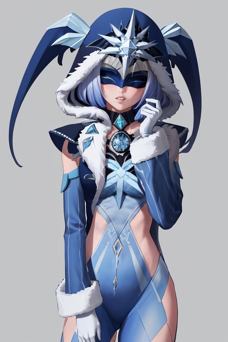 masterpiece, best quality, 1girl, solo, <lora:cryocicin-gi-richy-v1:1> cryocicin, blue hair, eye mask, covered eyes, hood, hooded cloak, blue dress, fur trim, long sleeves, gloves, diamond \(gemstone\), parted lips