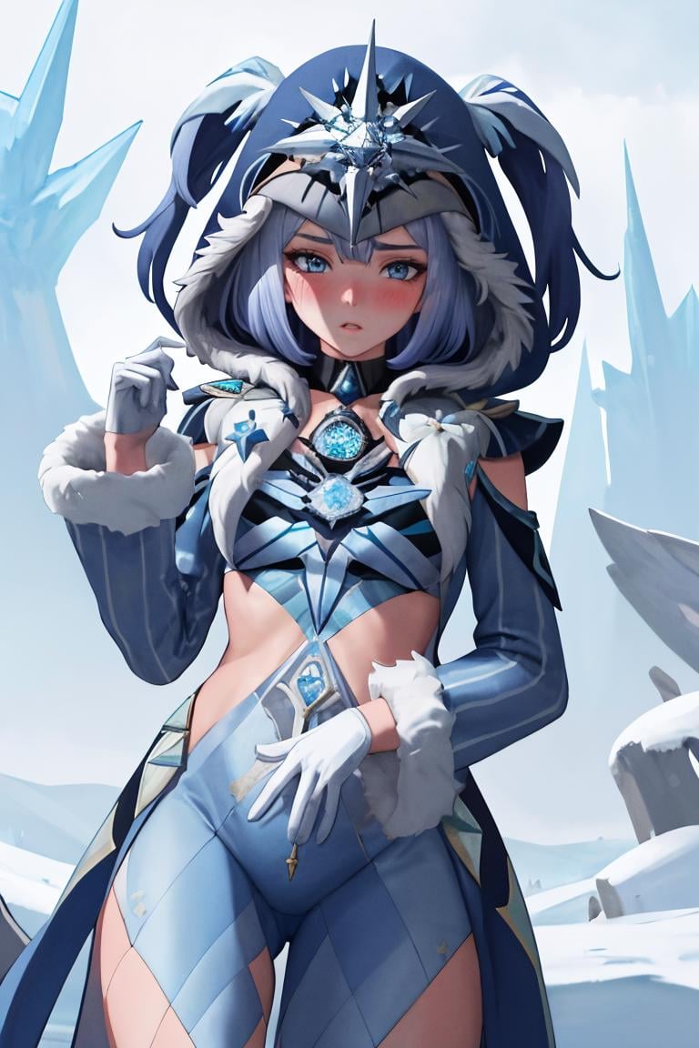 masterpiece, best quality, 1girl, solo, <lora:cryocicin-gi-richy-v1:1> cryocicin, blue hair, blue eyes, hood, hooded cloak, blue dress, fur trim, long sleeves,white  gloves, diamond \(gemstone\), parted lips, blush, tundra, cold