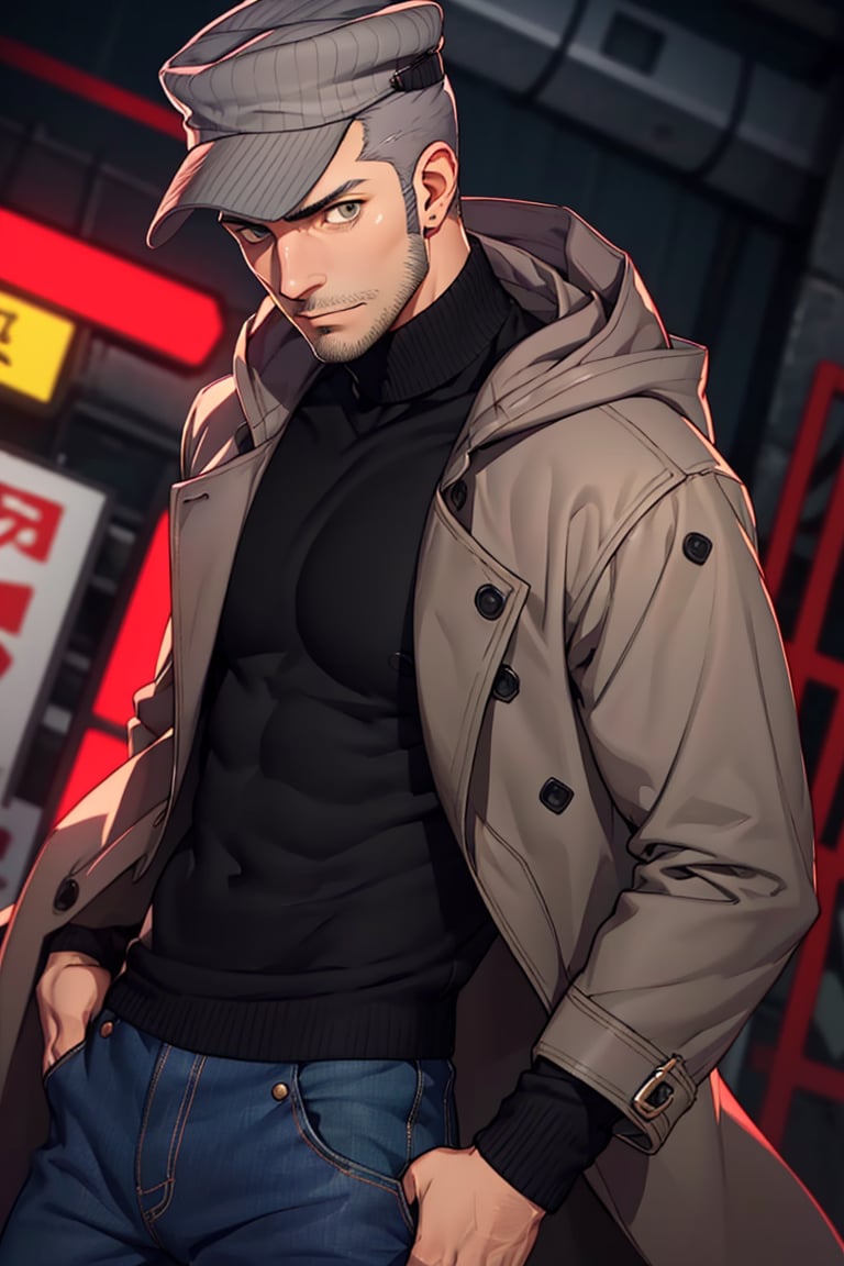 (1 image only), solo male, Munehisa Iwai, Persona, Asian ,Japanese, Weapons Dealer, grey hair, short hair, stubble, grey eyes, sideburns, gray pin-striped hat with yellow ear defenders, black turtleneck sweater, long gray coat, open coat, coat hood down, simple blue jeans, black leather boots, mature, handsome, charming, alluring, upper body, perfect anatomy, perfect proportions, (best quality, masterpiece), (perfect eyes), high_resolution, dutch angle, cowboy shot  ,Munehisa Iwai,<lora:EMS-305082-EMS:0.600000>