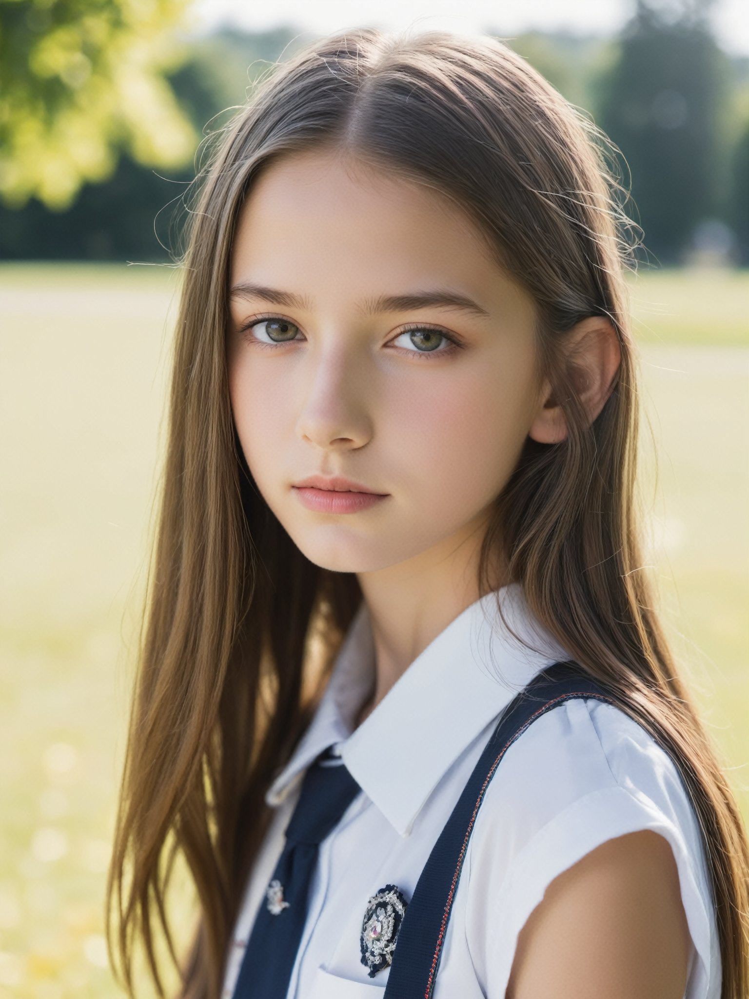 a half-body portrait photo of a German fashion model, (age 12-15:2), (dynamic pose:1.3), upper body, close up, gorgeous face, highly detailed face, smooth soft skin, looking at viewer, (from side:0.9), make up, (pubescent girl, short girl, slender girl, very thin:1.2), (summer school uniform:1.1), (outdoors, in deserted park, in the morning, dark background:1.4)