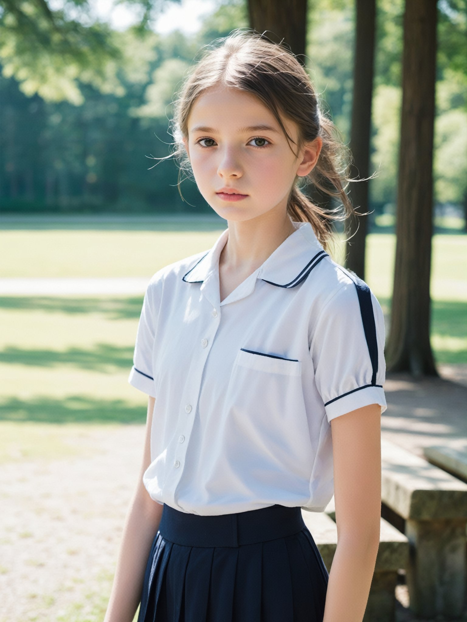 a half-body portrait photo of a young German model, (age 12-15:2), (dynamic pose:1.3), upper body, close up, gorgeous face, highly detailed face, smooth soft skin, looking at viewer, make up, (pubescent girl, short girl, slender girl, very thin:1.2), (summer school uniform:1.1), (outdoors, in deserted park, in the morning, dark background:1.4)